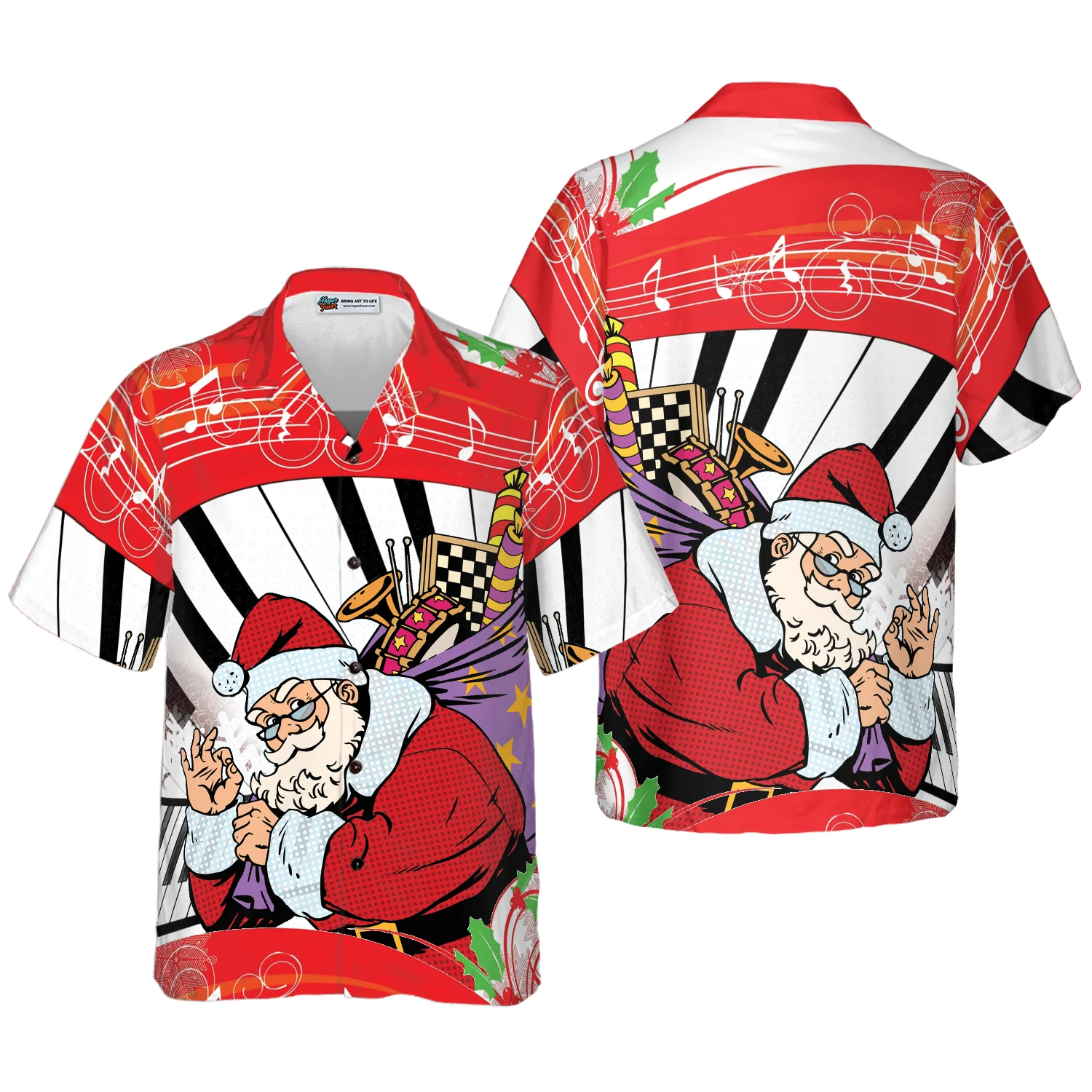 Hyperfavor Christmas Hawaiian Shirts Santa Claus With Piano Background Shirt Short Sleeve Christmas Shirt Idea Gift Aloha Shirt For Men and Women