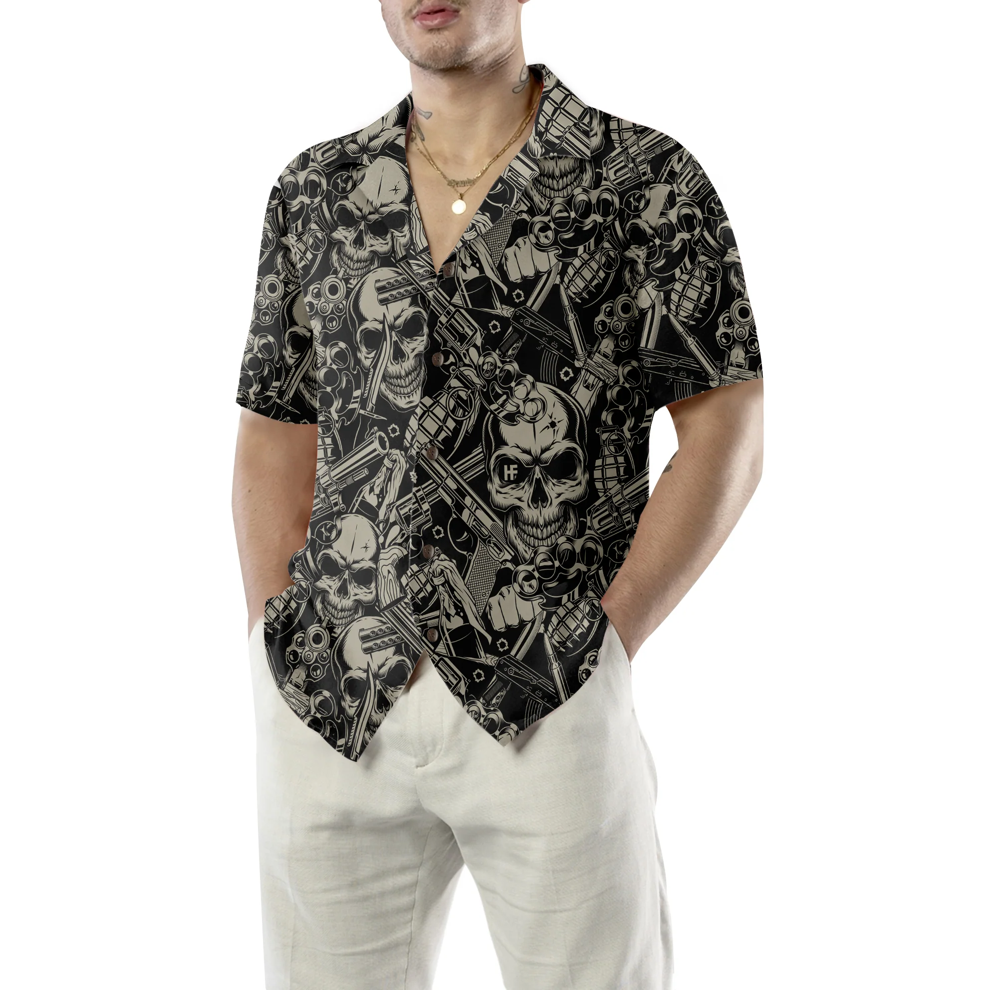 Guns And Skulls Pattern Hawaiian Shirt Aloha Shirt For Men and Women