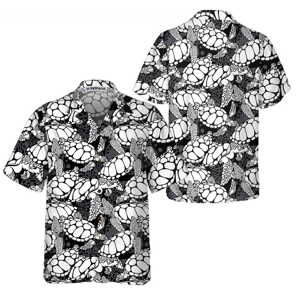 Monogram Sea Turtle Pattern Hawaiian Shirt Black And White Turtle Seamless Pattern Shirt Cool Turtle Shirt Aloha Shirt For Men and Women