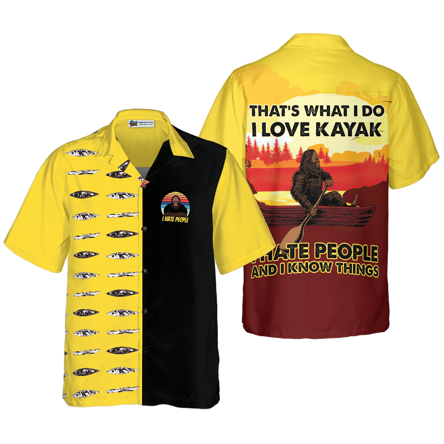 Bigfoot Darryl Love Kayak  Hate People Bigfoot Hawaiian Shirt Dawn Palette Black And Yellow Kayaking Bigfoot Shirt Aloha Shirt For Men and Women