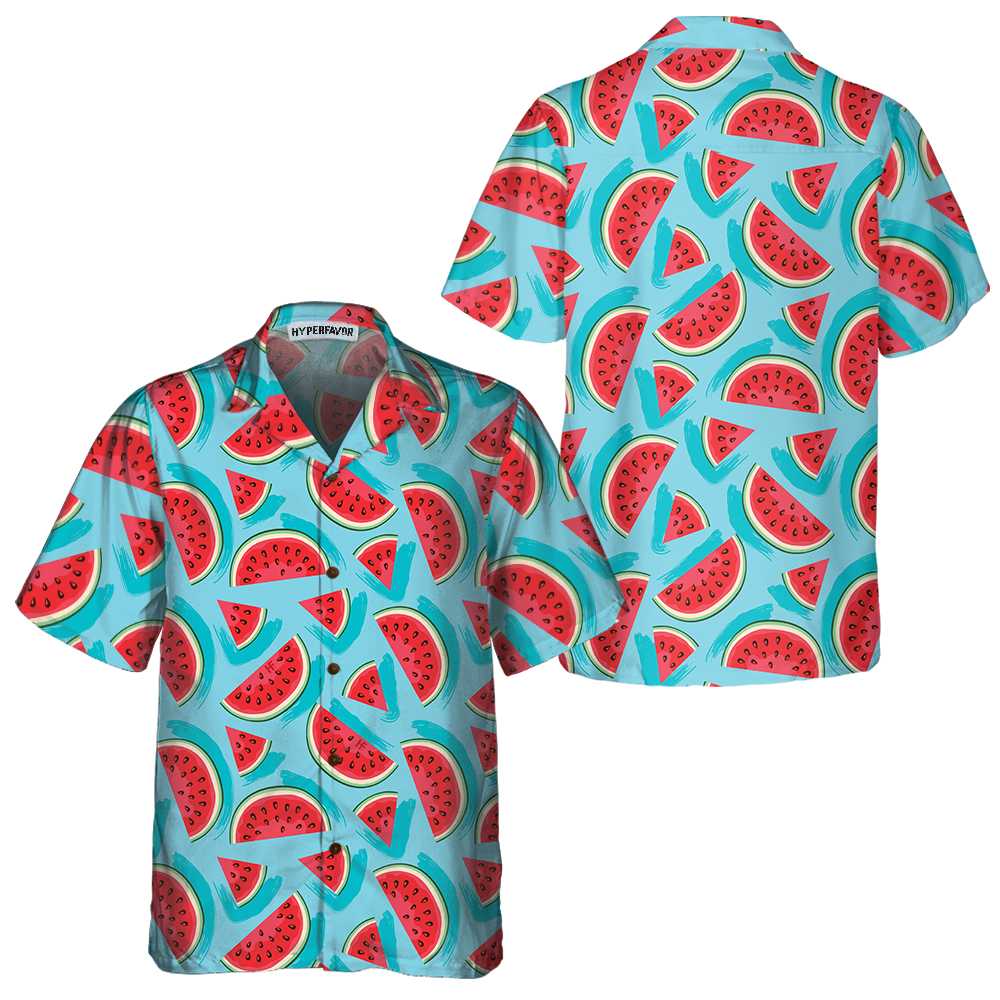 Juicy Watermelon Seamless Pattern Hawaiian Shirt Blue Watermelon Print Shirt  Women Aloha Shirt For Men and Women