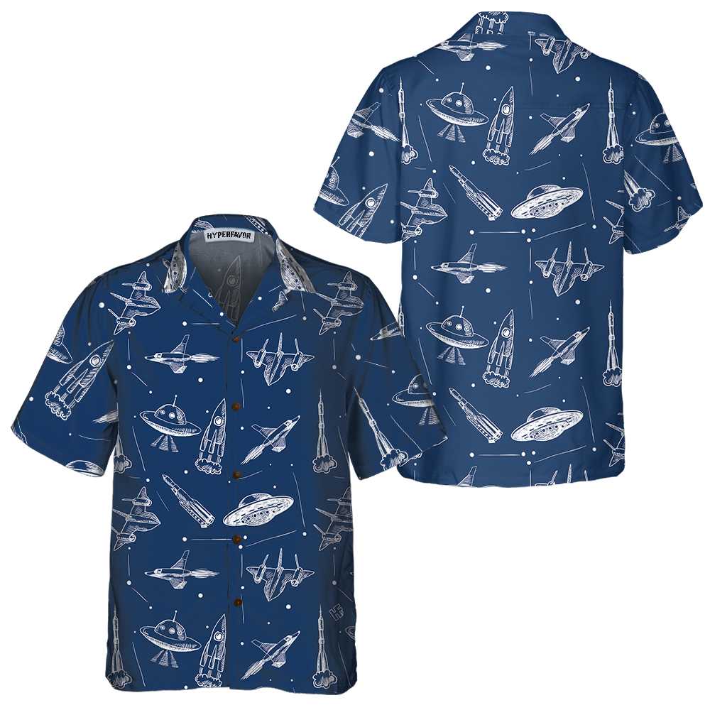 Space Aircraft Seamless Pattern Hawaiian Shirt Navy Aircraft Aviation shirt Aloha Shirt For Men and Women