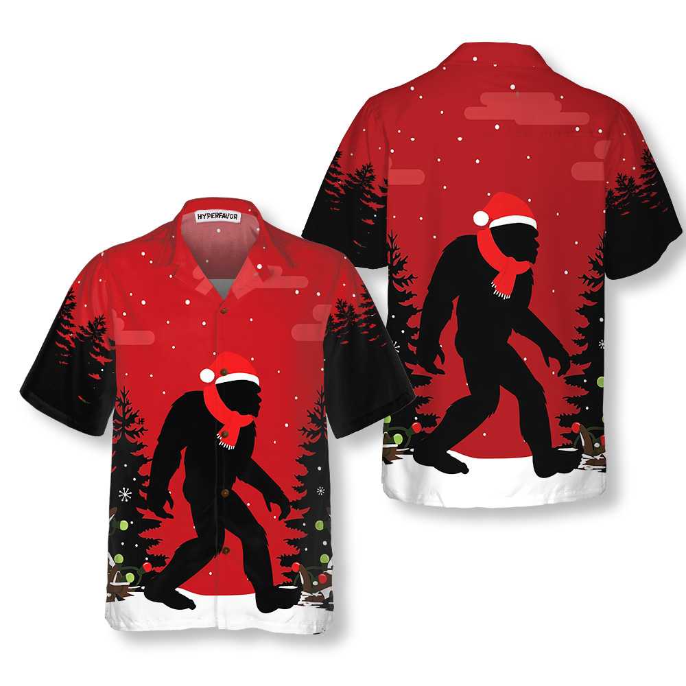 Christmas Bigfoot In The Forest Hawaiian Shirt Funny Christmas Bigfoot Shirt Aloha Shirt For Men and Women