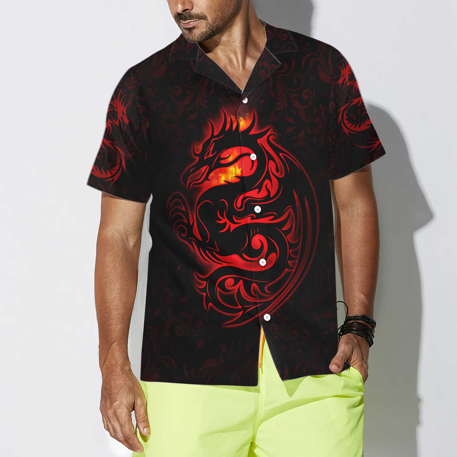 Dragon Tribal Tattoo Art Hawaiian Shirt Cool Red Dragon Black Shirt Aloha Shirt For Men and Women