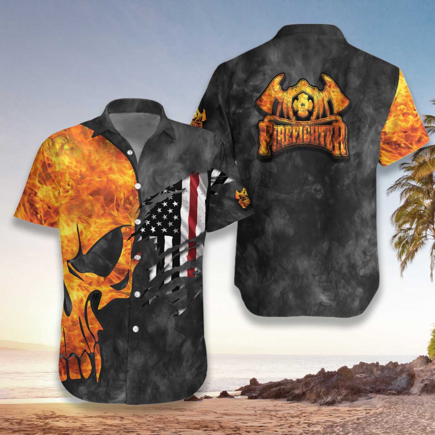 Firefighter And Flame Skull Firefighter Hawaiian Shirt Firefighter Cross Axes Ripped American Flag Firefighter Shirt Aloha Shirt For Men and Women