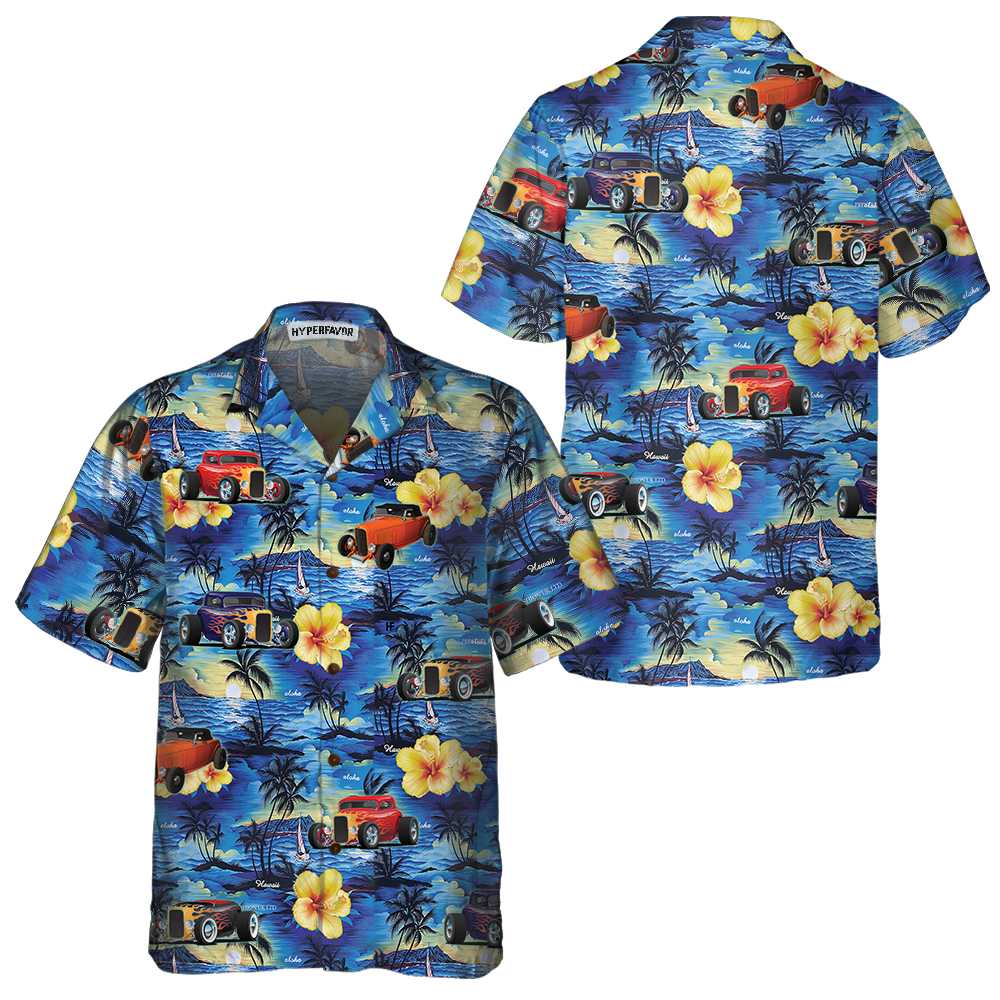 Hod Rod And Tropical Hibiscus Pattern Hawaiian Shirt Cool Hot Rod Shirt Aloha Shirt For Men and Women