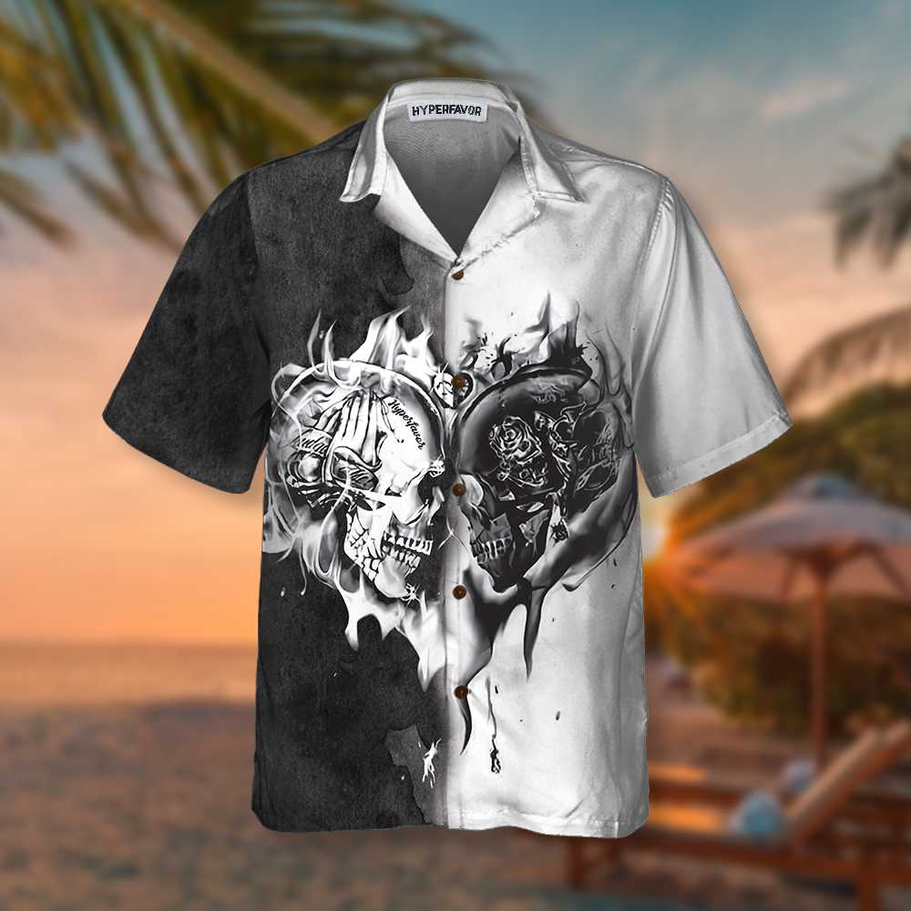 Skull Heart Flame Hawaiian Shirt Black And White Skull Shirt Aloha Shirt For Men and Women