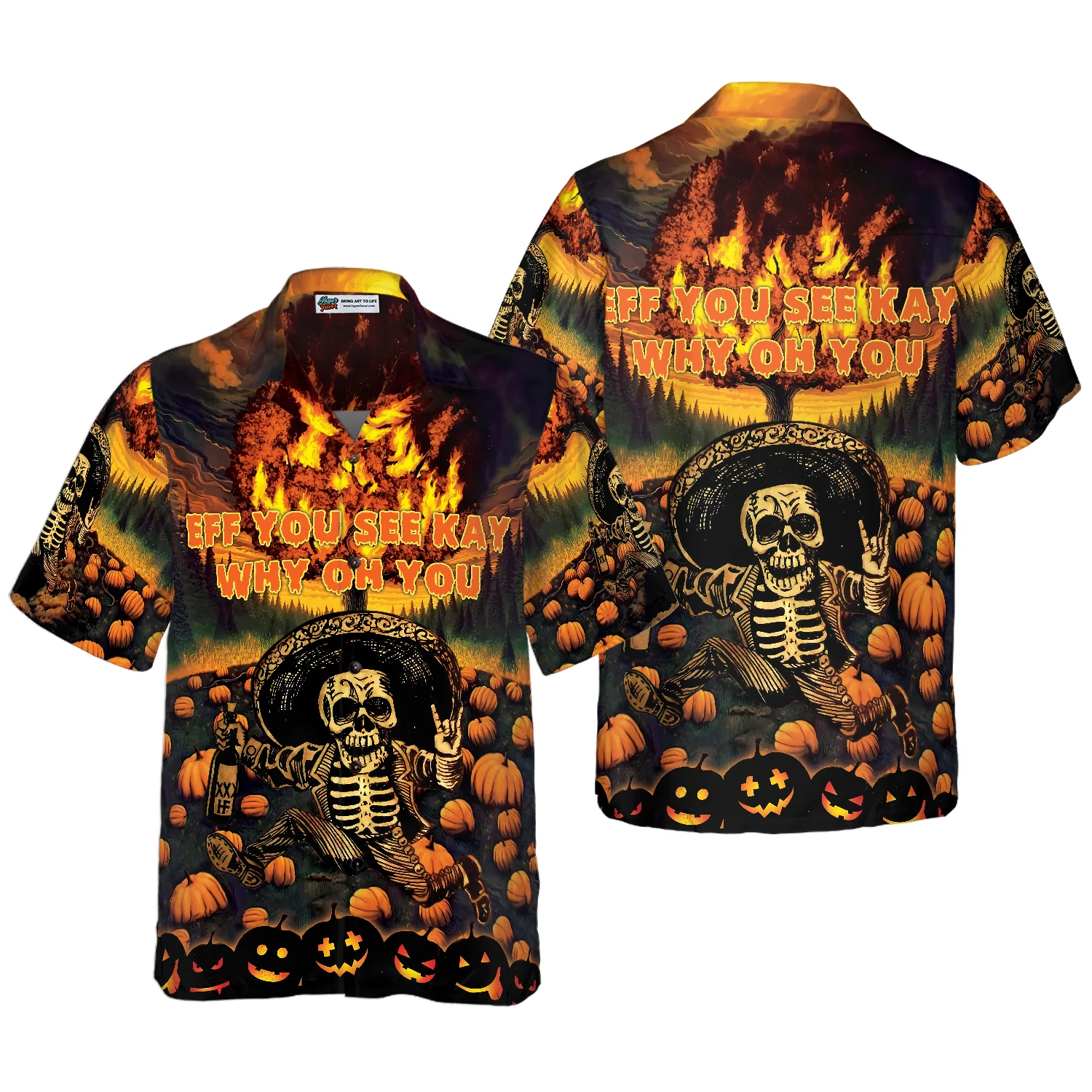 The Burning Pumpkin Sky  Skeleton Halloween Hawaiian Shirt Halloween Shirt Aloha Shirt For Men and Women