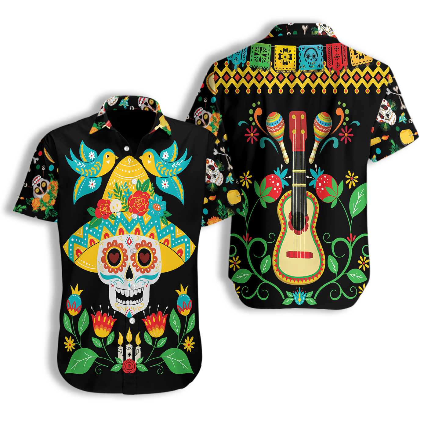 Day Of Dead Sugar Skull And Guitar Hawaiian Shirt Funny Mexican Skull Halloween Shirt Best Halloween Gift Aloha Shirt For Men and Women