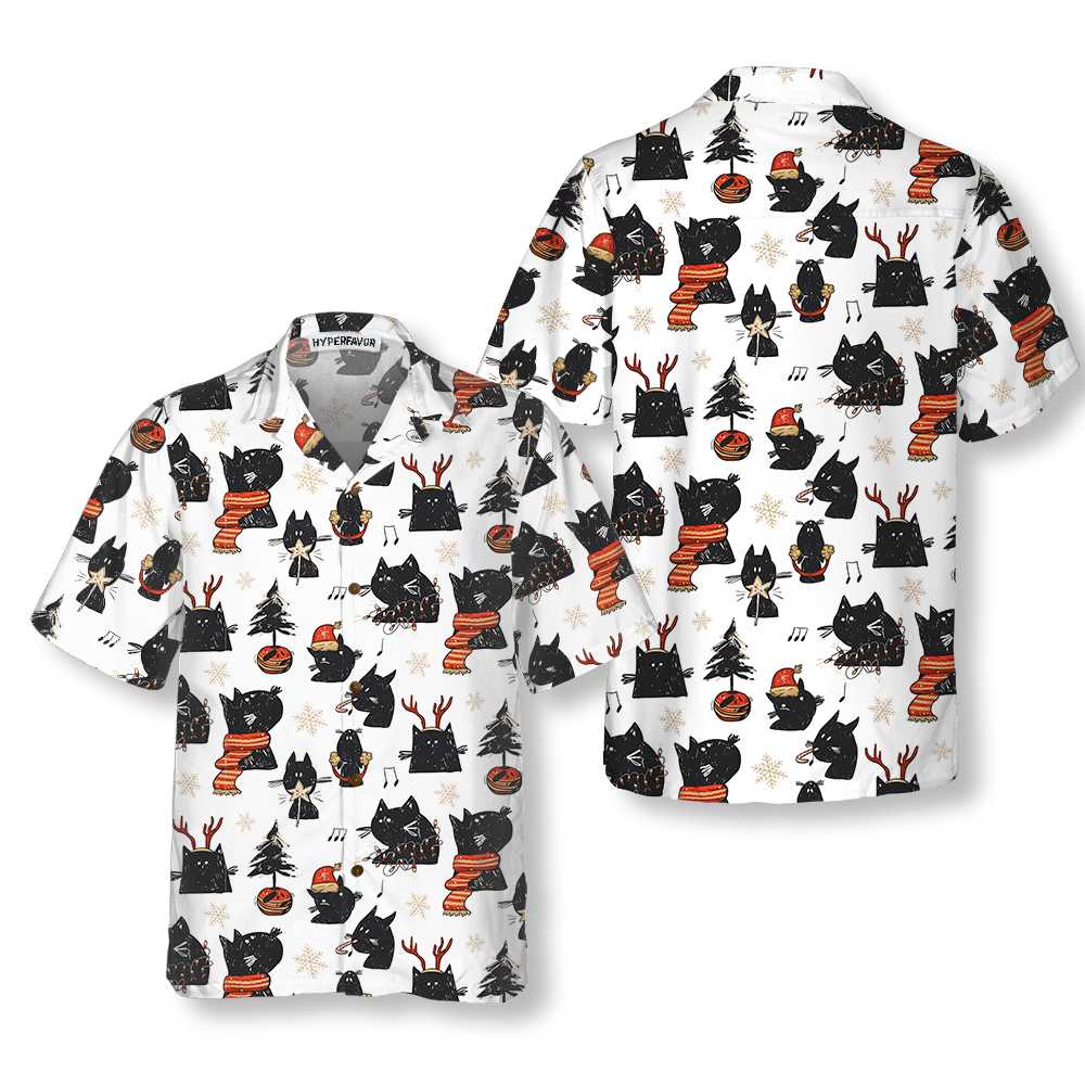 Cartoon Black Cat Merry Christmas Hawaiian Shirt Funny Christmas Cat Shirt Best Xmas Gift Idea Aloha Shirt For Men and Women