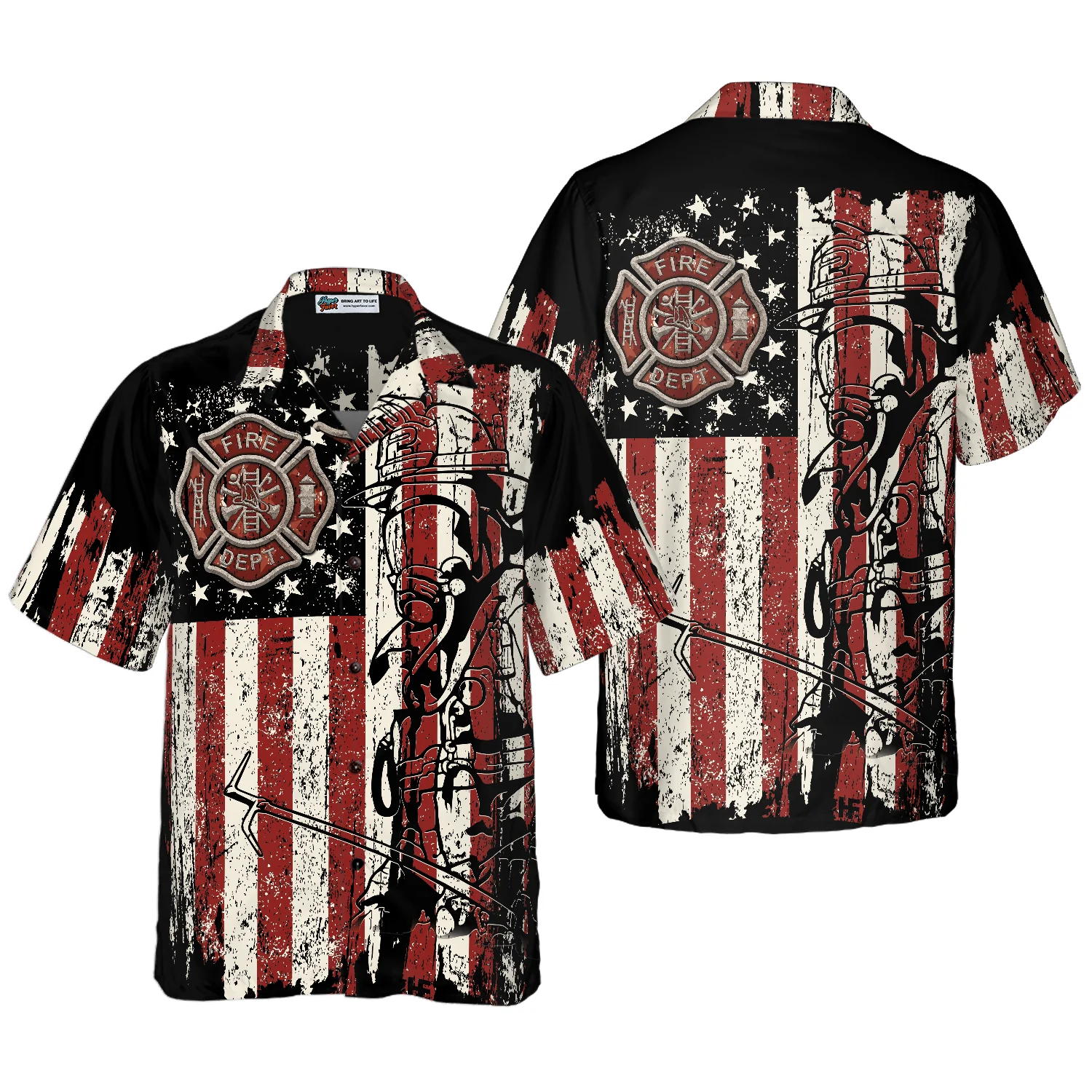 Black American Flag Fire Dept Firefighter Hawaiian Shirt Fire Department Badge Firefighter Shirt Aloha Shirt For Men and Women