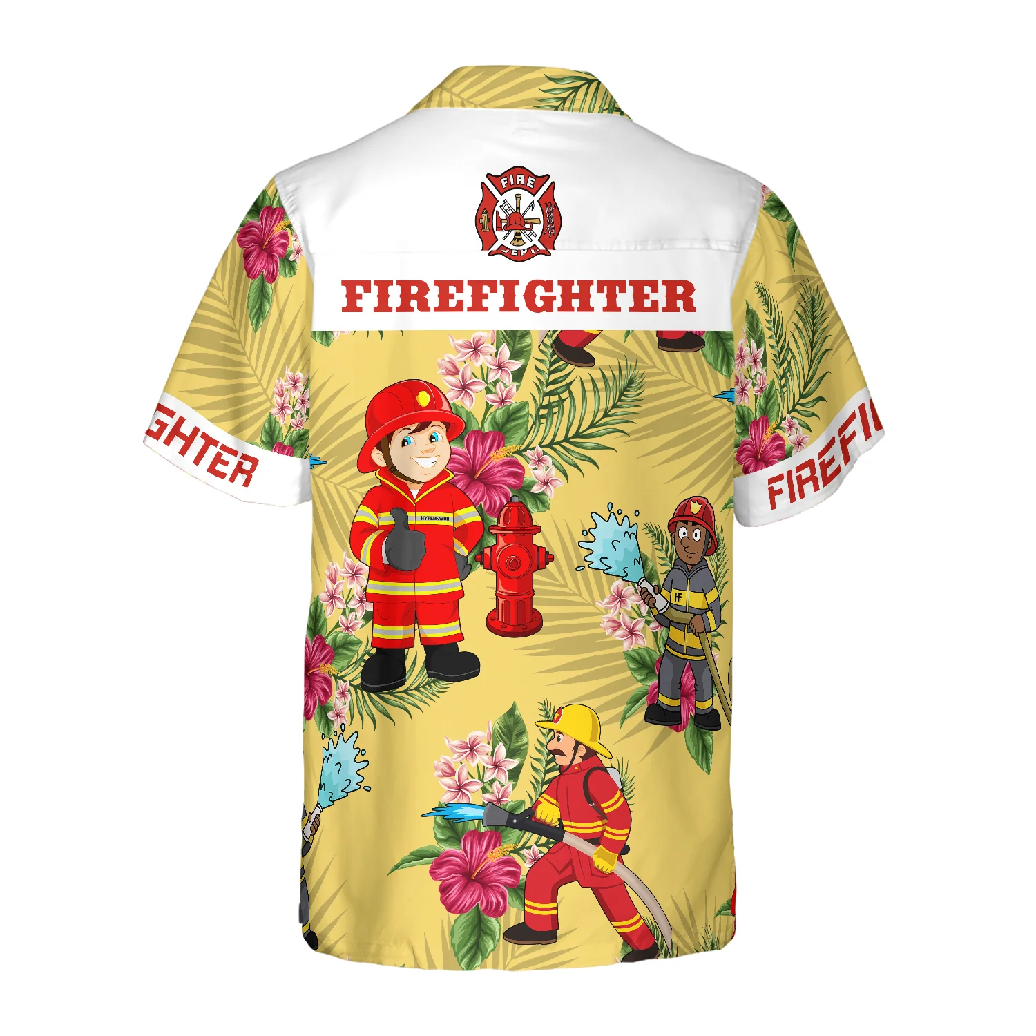 Graphic Proud Firefighter Hawaiian Shirt Cream Tropical Floral Firefighter Shirt Aloha Shirt For Men and Women