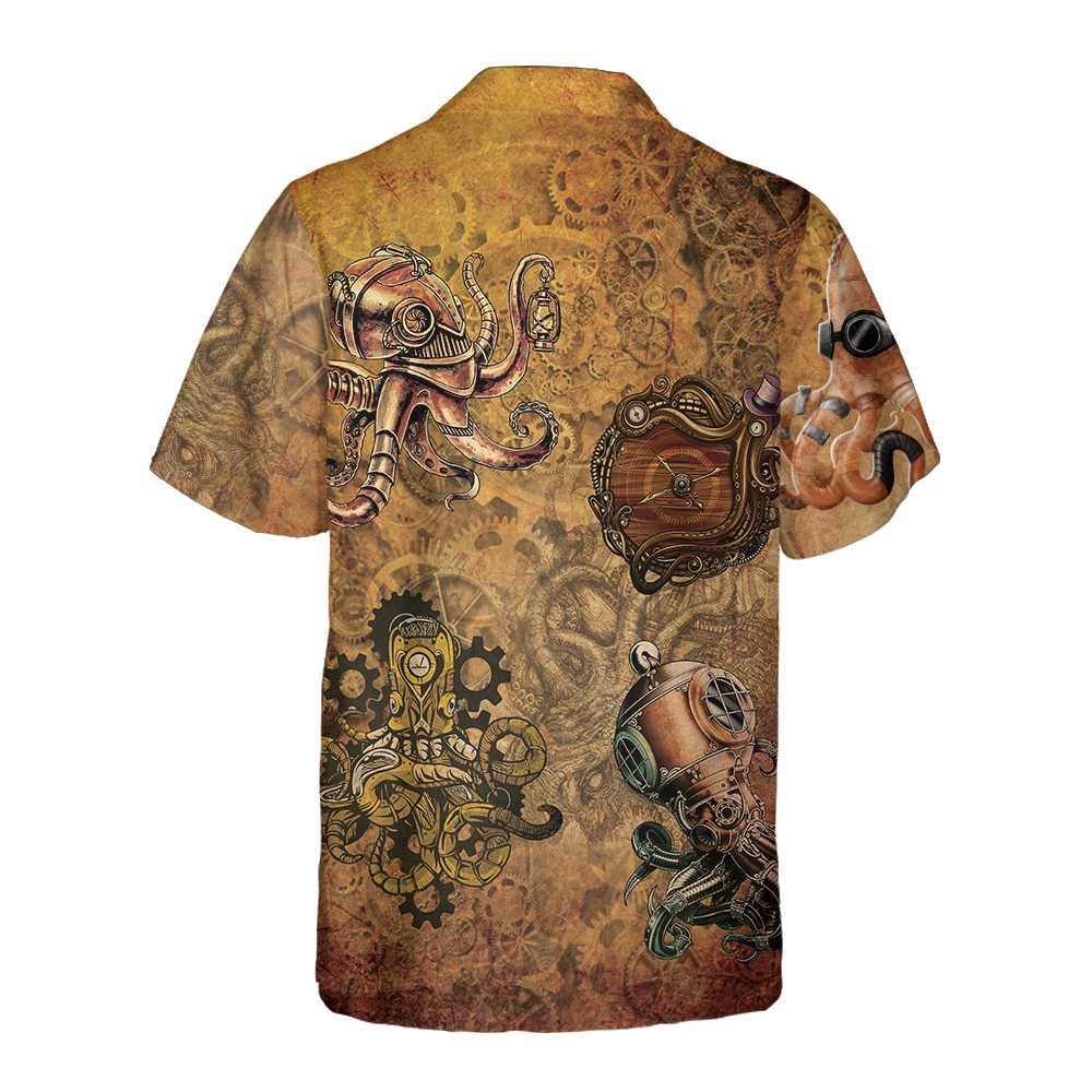 Steampunk Octopus Hawaiian Shirt Short Sleeve Octopus Shirt Unique Octopus Beach Shirt Aloha Shirt For Men and Women