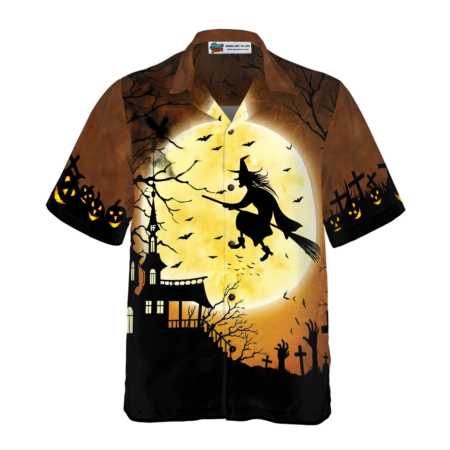 Halloween Night Flying Witch Over A Castle Hawaiian Shirt Full Moon Pumpkin Graveyard Zombie Hawaiian Shirt Aloha Shirt For Men and Women