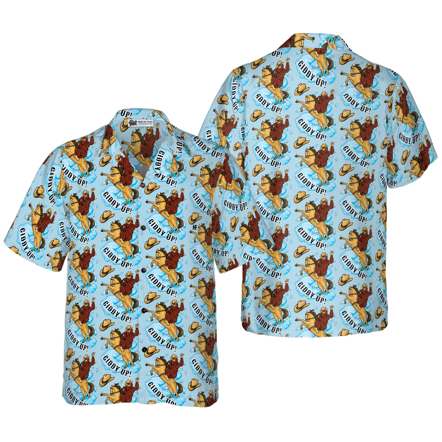 Bigfoot Cowboy Giddy Up Bigfoot Hawaiian Shirt Sky Blue Vintage Rodeo Horse Riding Bigfoot Shirt Aloha Shirt For Men and Women