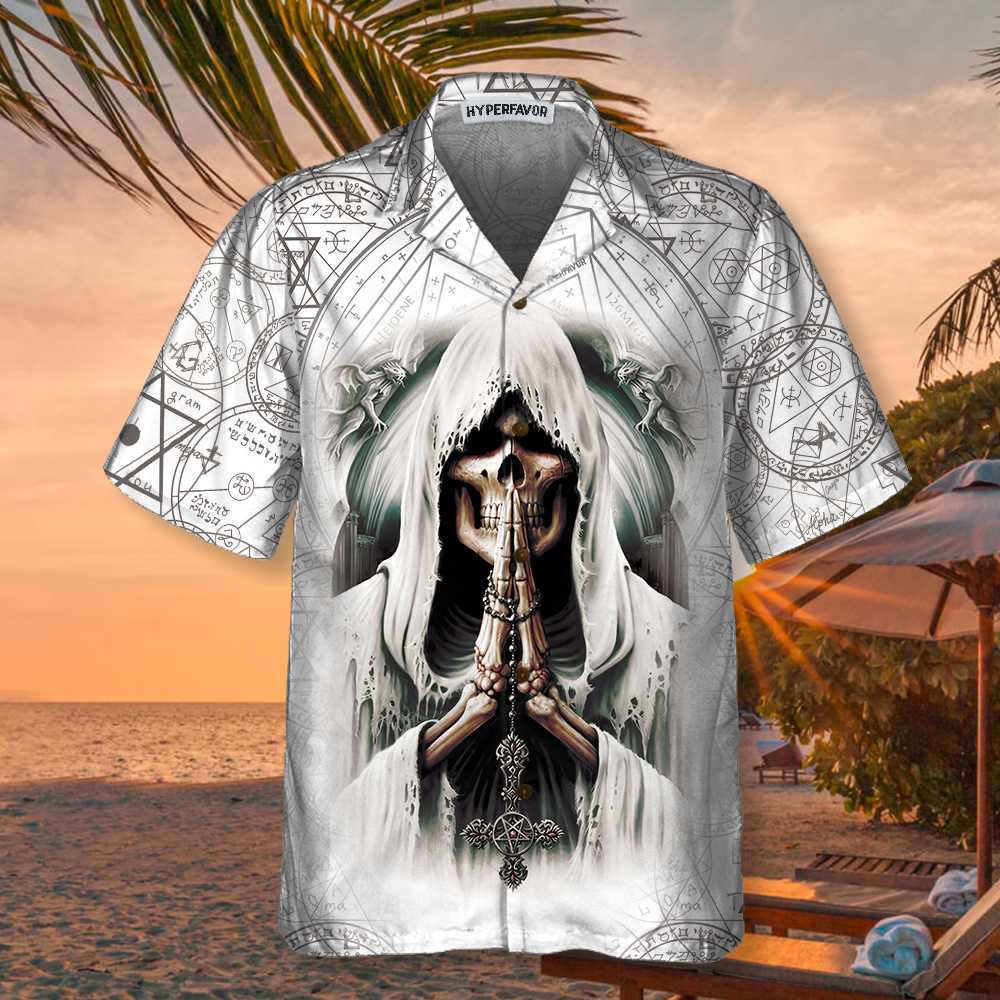 Pray Skull Hawaiian Shirt Unique Satanic Pattern Skull Shirt Aloha Shirt For Men and Women