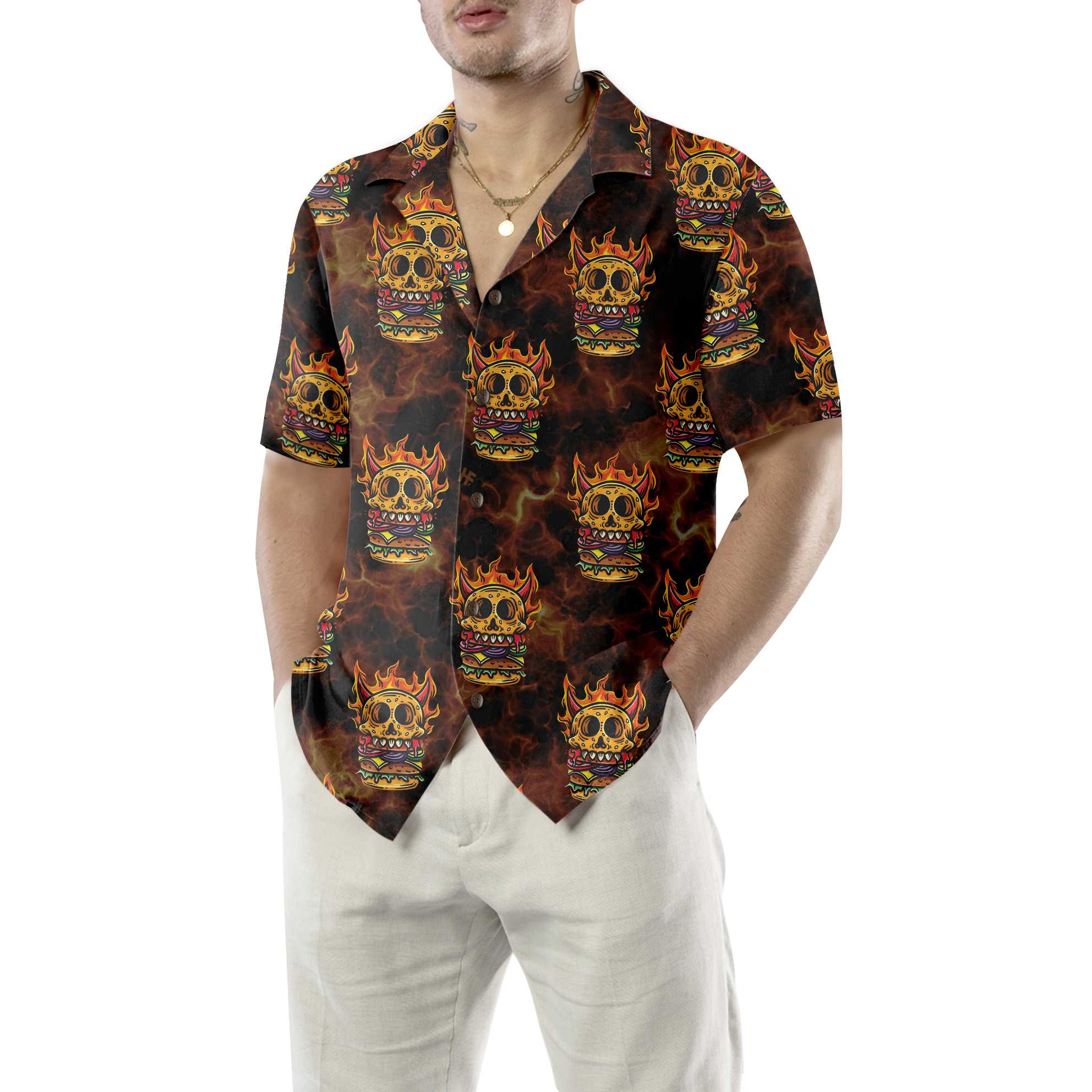 Skull Monster Burger Hawaiian Shirt Unique Flame Skull Burger Shirt Aloha Shirt For Men and Women