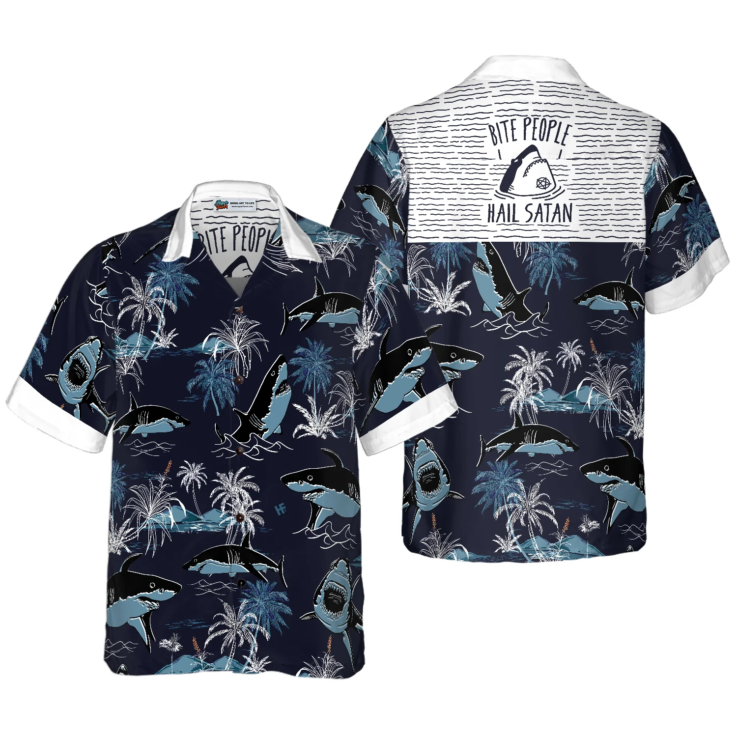 Bite People Hail Satan Shark Hawaiian Shirt Aloha Shirt For Men and Women