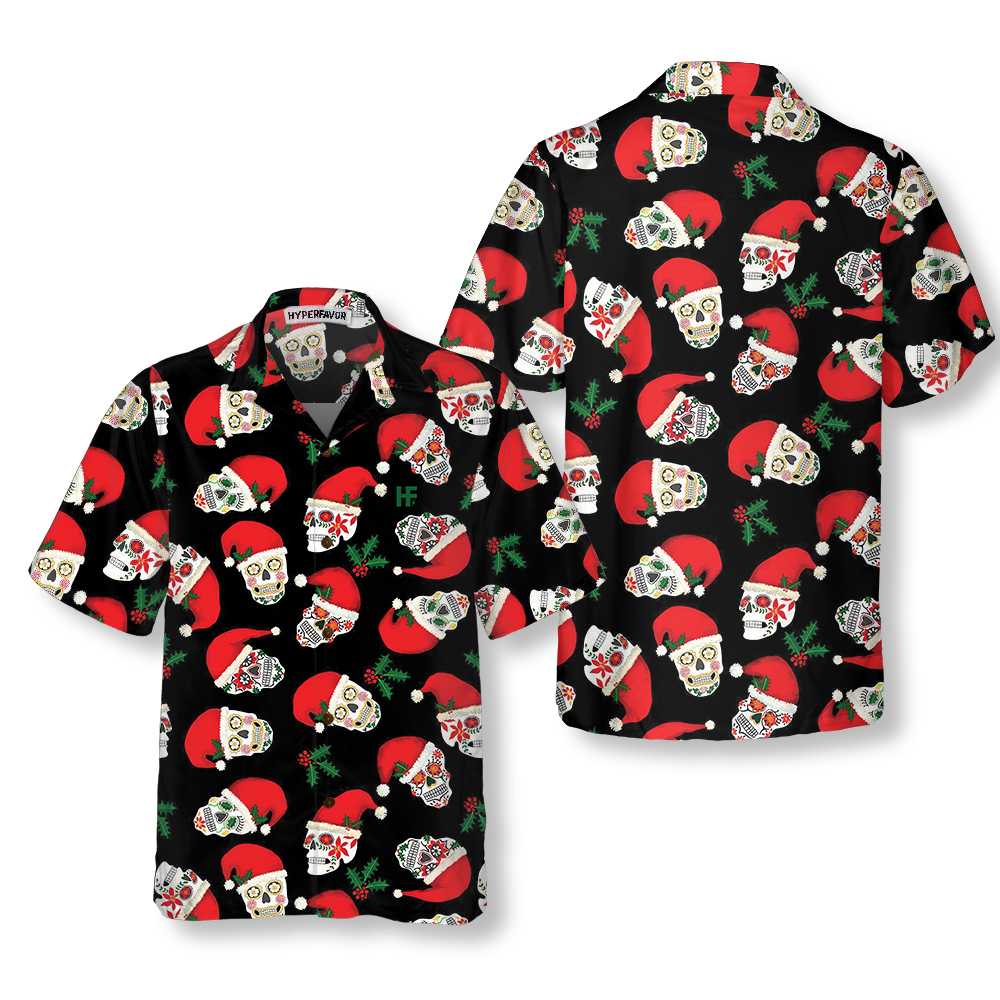 Christmas Sugar Skull Seamless Pattern Hawaiian Shirt Funny Santa Claus Shirt Best Gift For Christmas Aloha Shirt For Men and Women