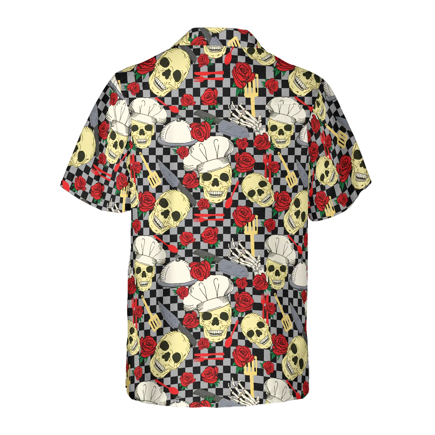 Skulls in Chef Hats and Red Roses Patterned Hawaiian Shirt Aloha Shirt For Men and Women