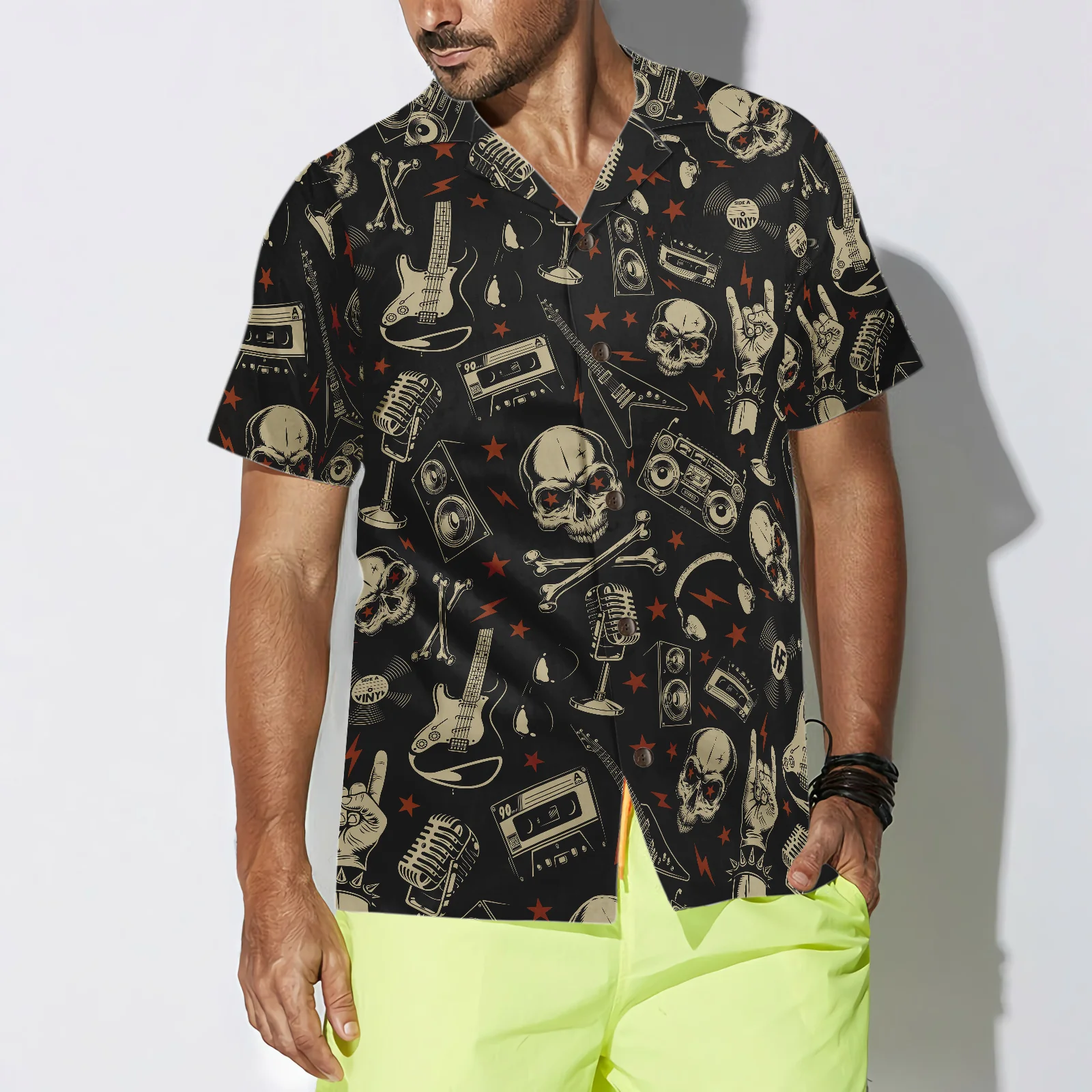 Rock N Roll Will Never Die Hawaiian Shirt Electric Guitar Skull And Crossbones Hawaiian Shirt Aloha Shirt For Men and Women