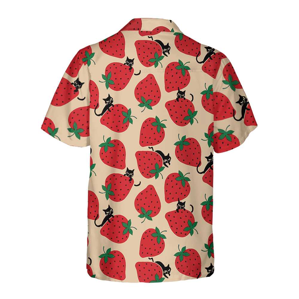 Strawberry And Cat Seamless Pattern Hawaiian Shirt Strawberry Shirt  Women Strawberry Print Shirt Aloha Shirt For Men and Women