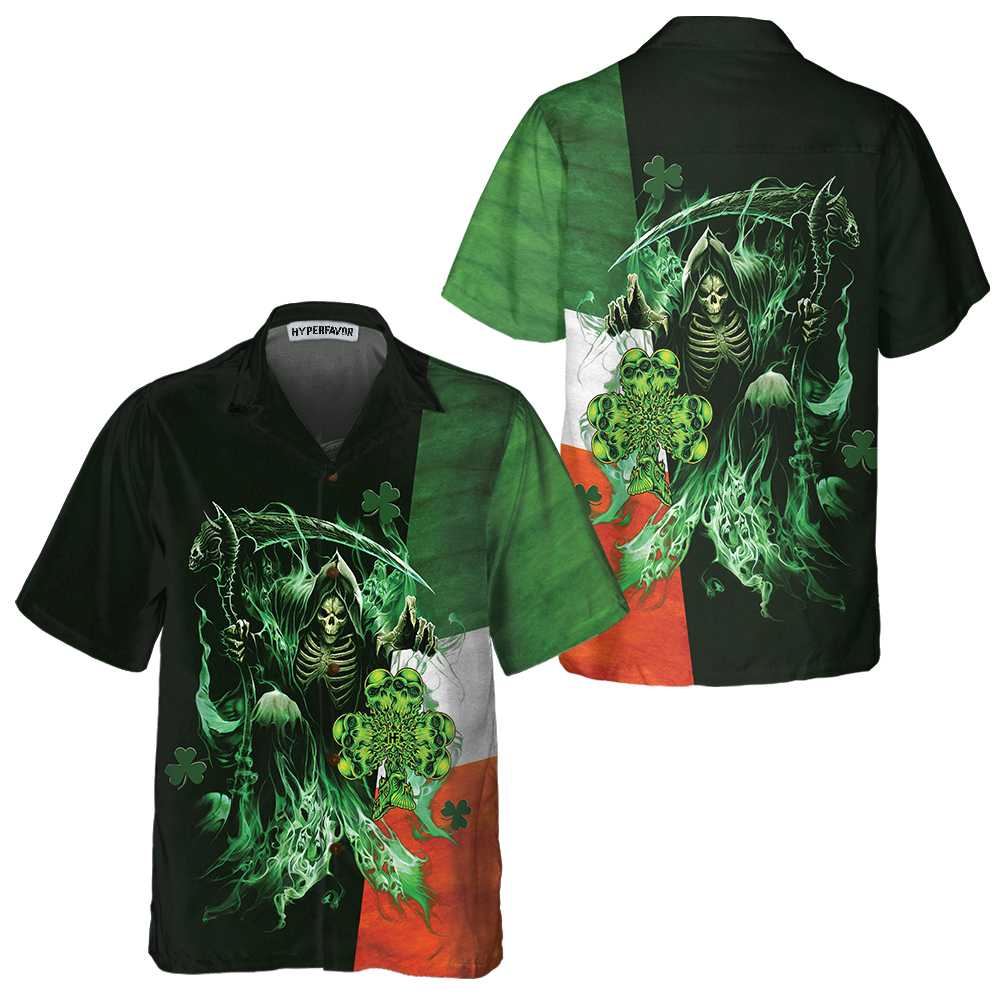 Irish Grim Reaper Hawaiian Shirt St Patricks Day Shirt Cool St Patricks Day Gift Aloha Shirt For Men and Women