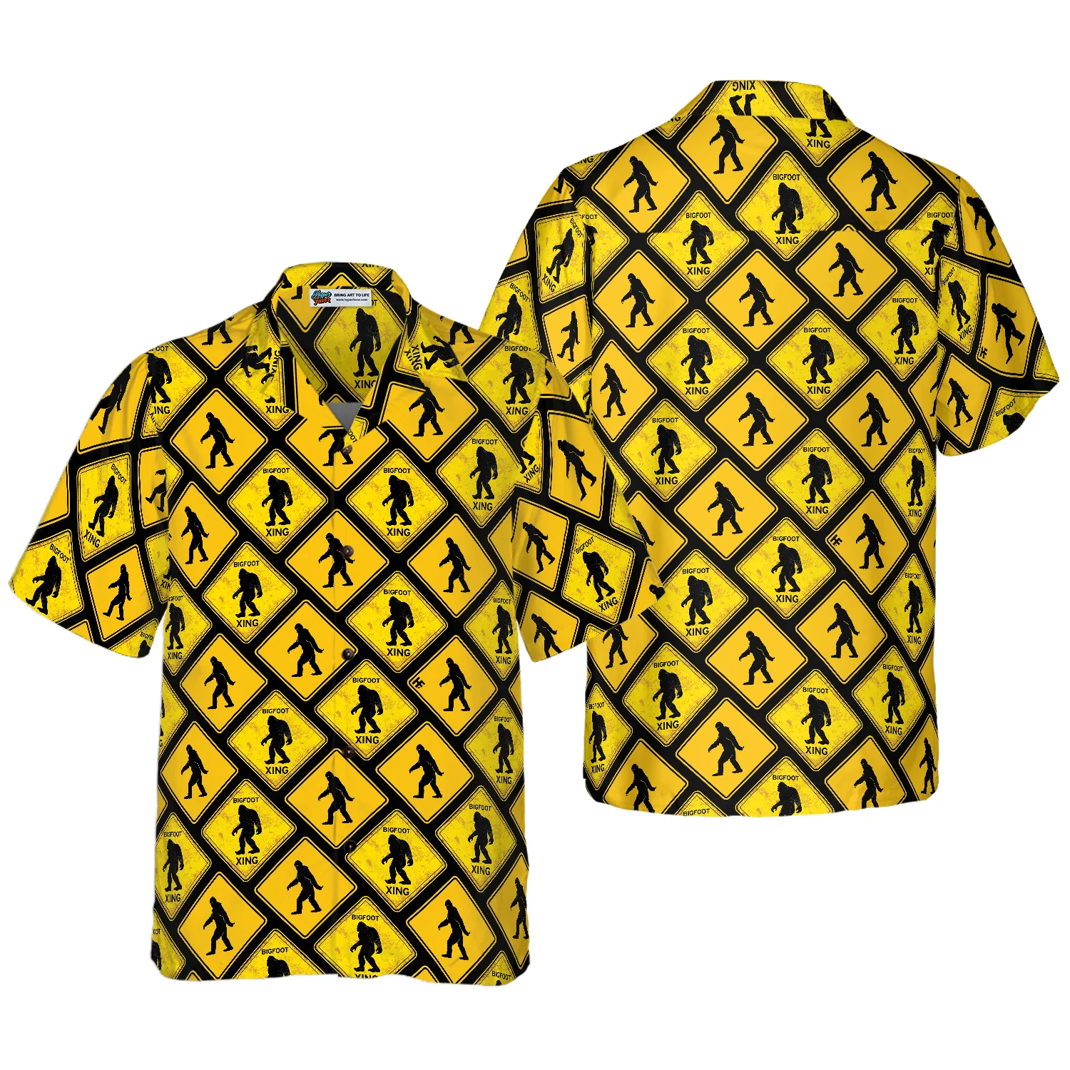 Bigfoot Yellow Square Bigfoot Hawaiian Shirt Diamond Pattern Caution Signs Bigfoot Shirt Aloha Shirt For Men and Women