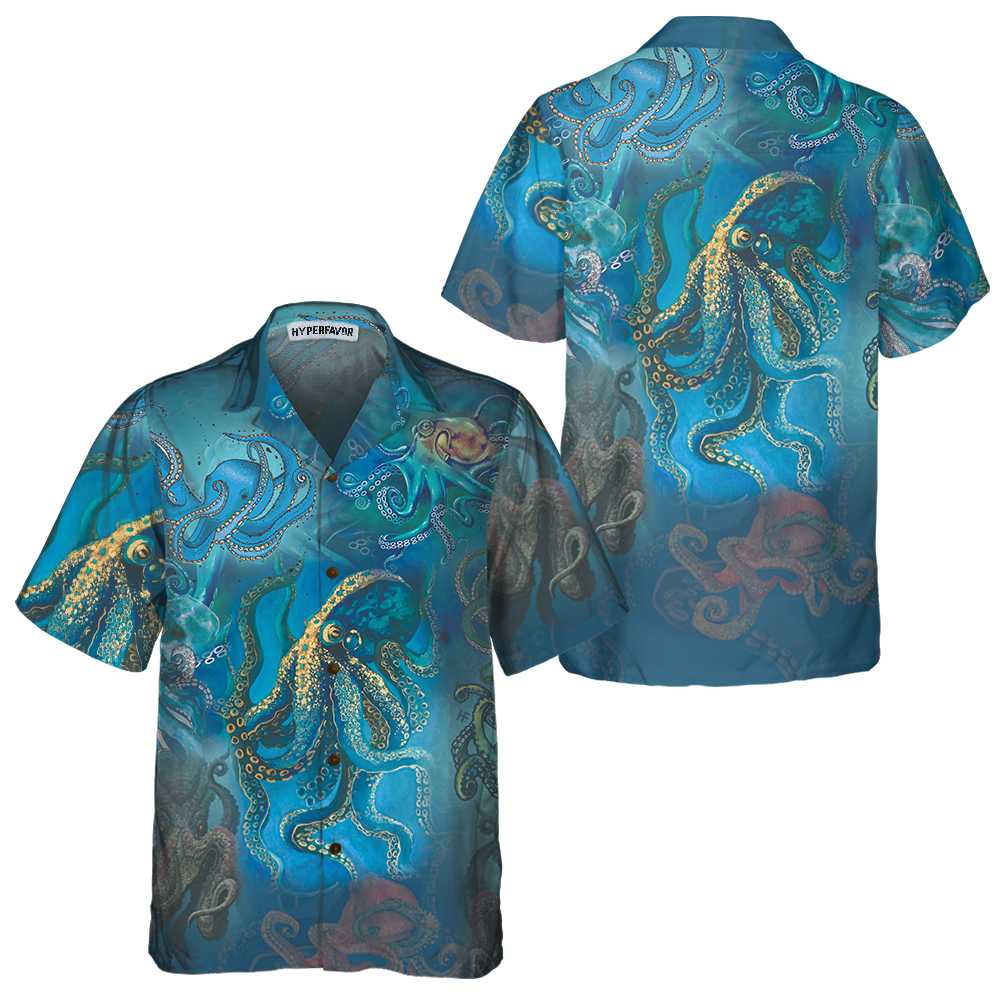 Octopus Under The Ocean Hawaiian Shirt Short Sleeve Octopus Shirt Aloha Shirt For Men and Women