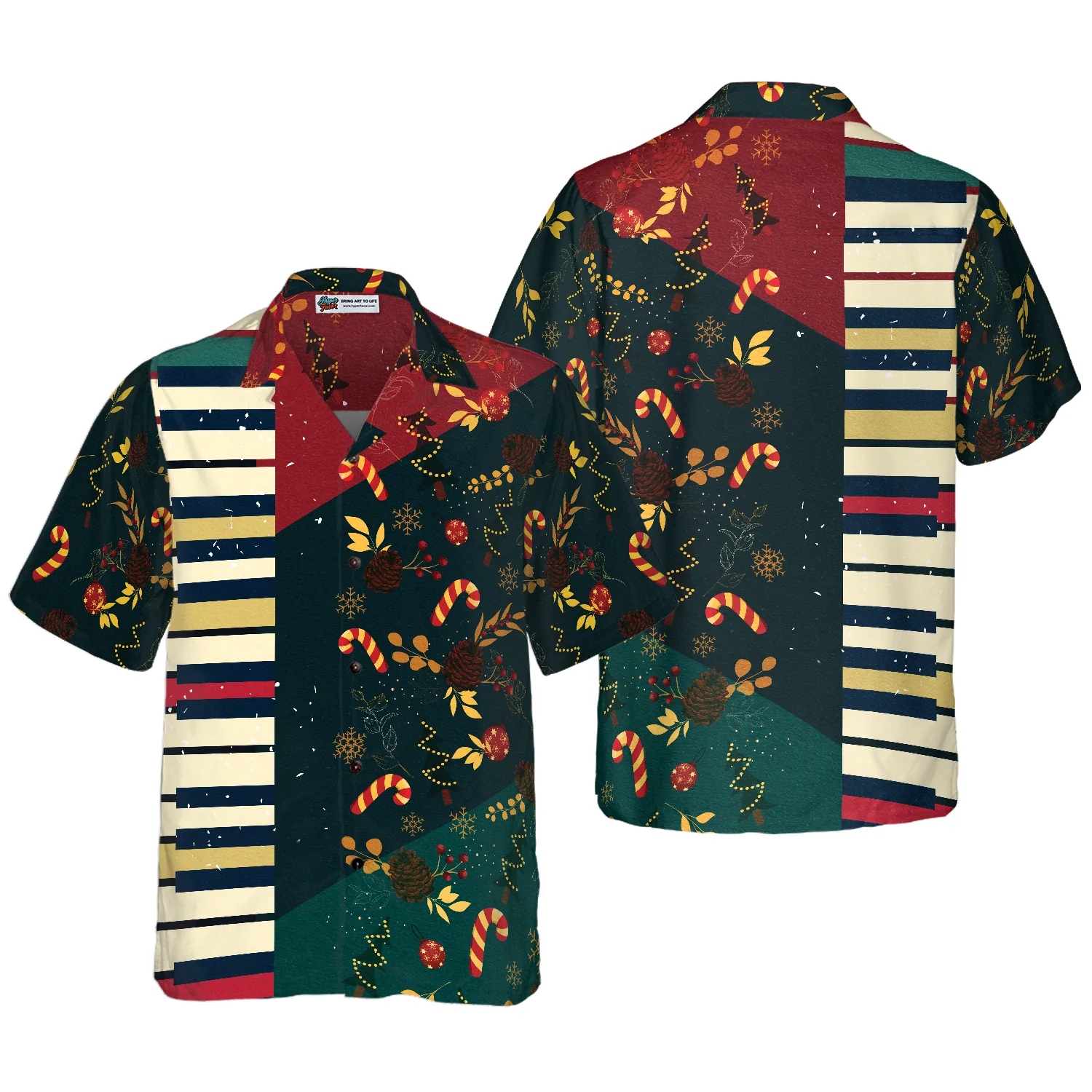 Hyperfavor Christmas Pattern with Piano Hawaiian shirt Christmas Shirts Short Sleeve Button Down Shirt Aloha Shirt For Men and Women