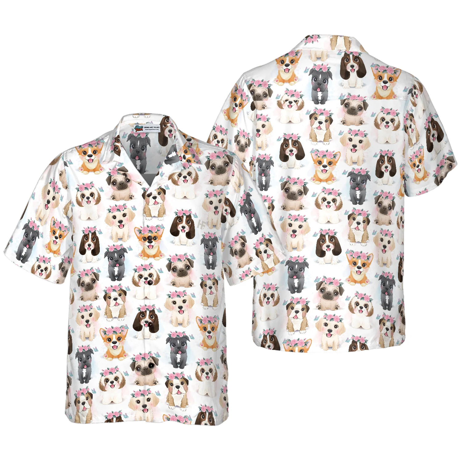 Cute Puppies Flowers Crown Hawaiian Shirt Aloha Shirt For Men and Women