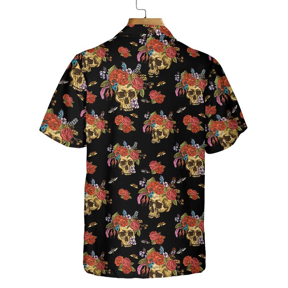 Skulls  Flowers Day Of The Dead Hawaiian Shirt Vintage Skull And Red Roses Shirt Day Of The Dead Gift Aloha Shirt For Men and Women