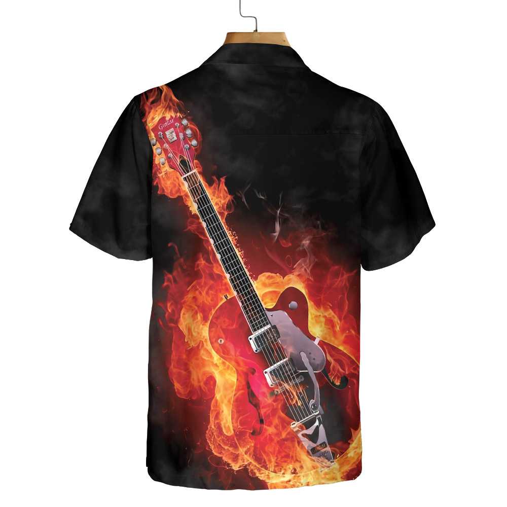 Guitar On Fire Hawaiian Shirt American Flag Fire Guitar Shirt Aloha Shirt For Men and Women