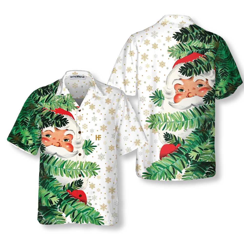 Hi Santa Behind Christmas Tree Christmas Hawaiian Shirt Cute Santa Claus Hawaiian Shirt Aloha Shirt For Men and Women