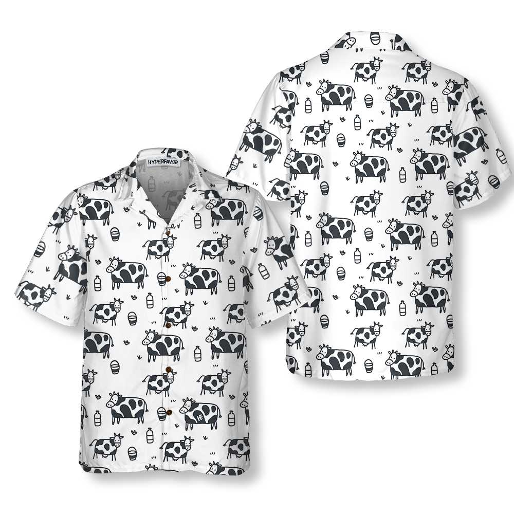 Cartoon Cow Hawaiian Shirt Funny Cow Print Button Up Shirt  Women Aloha Shirt For Men and Women