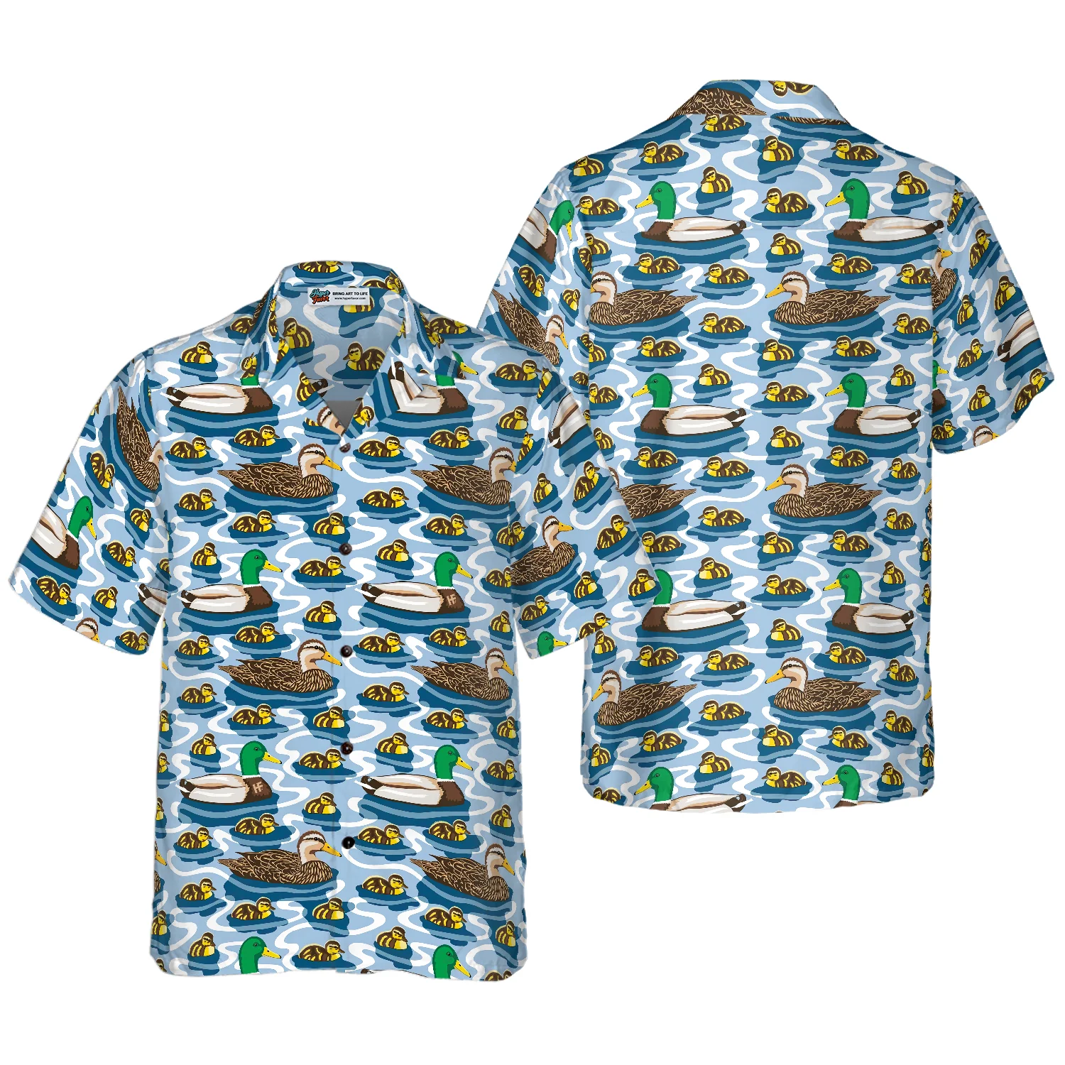 Rouen Duck Family Swimming Hawaiian Shirt Arctic Blue Pond Texture Hawaiian Shirt Aloha Shirt For Men and Women