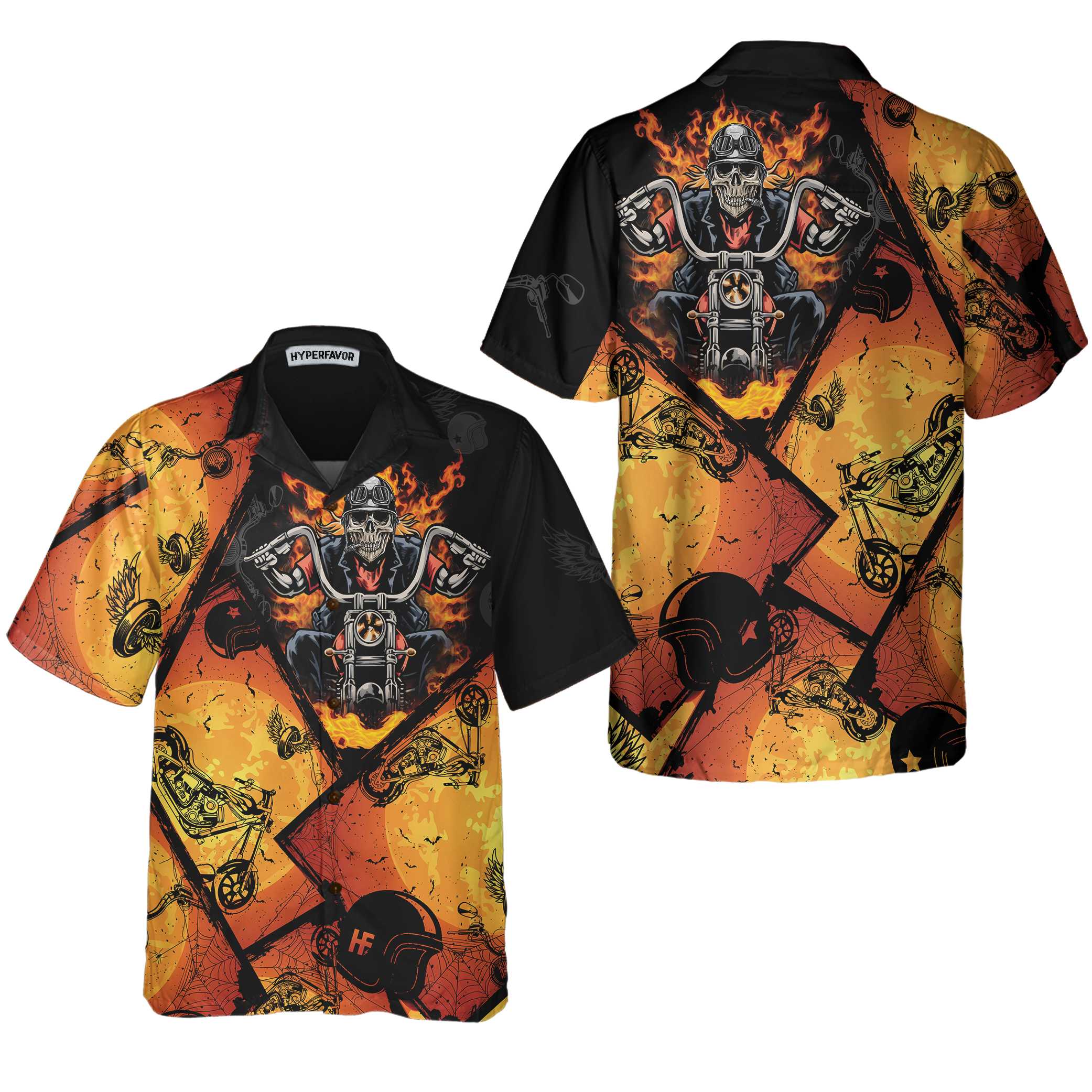 Black Orange Layout Skull Biker Motorcycle Hawaiian Shirt Flame Skull Motorcycle Shirt Gift For Bikers Aloha Shirt For Men and Women