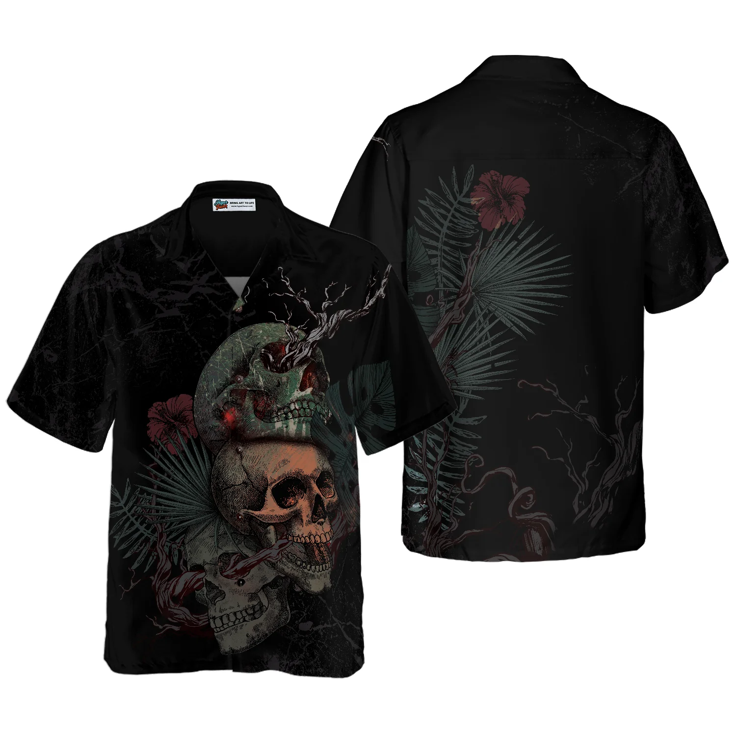 Artistic Gothic Skull With Flowers Goth Hawaiian Shirt Black Hawaiian Shirt Aloha Shirt For Men and Women