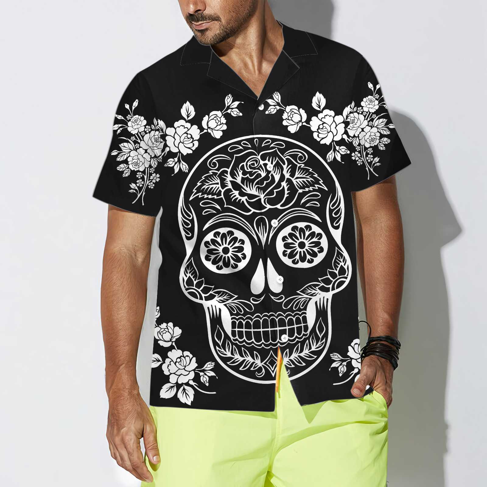 Mexican Sugar Skull Tattoo Hawaiian Shirt Black And White Day Of The Dead Skull Unique Day Of The Dead Gift Aloha Shirt For Men and Women