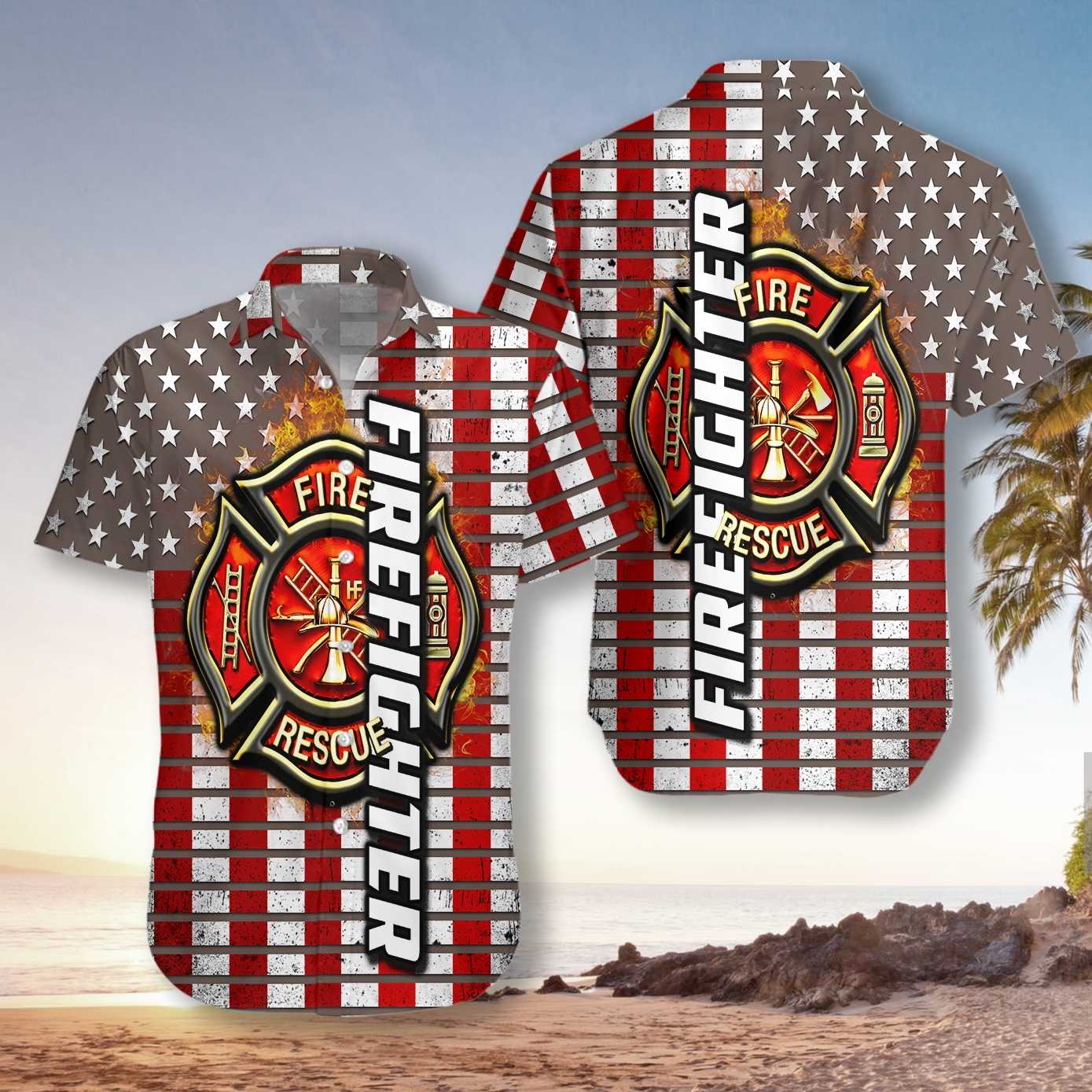 Firefighter Logo And Red American Flag Firefighter Hawaiian Shirt Horizontal Stripe Firefighter Shirt Aloha Shirt For Men and Women