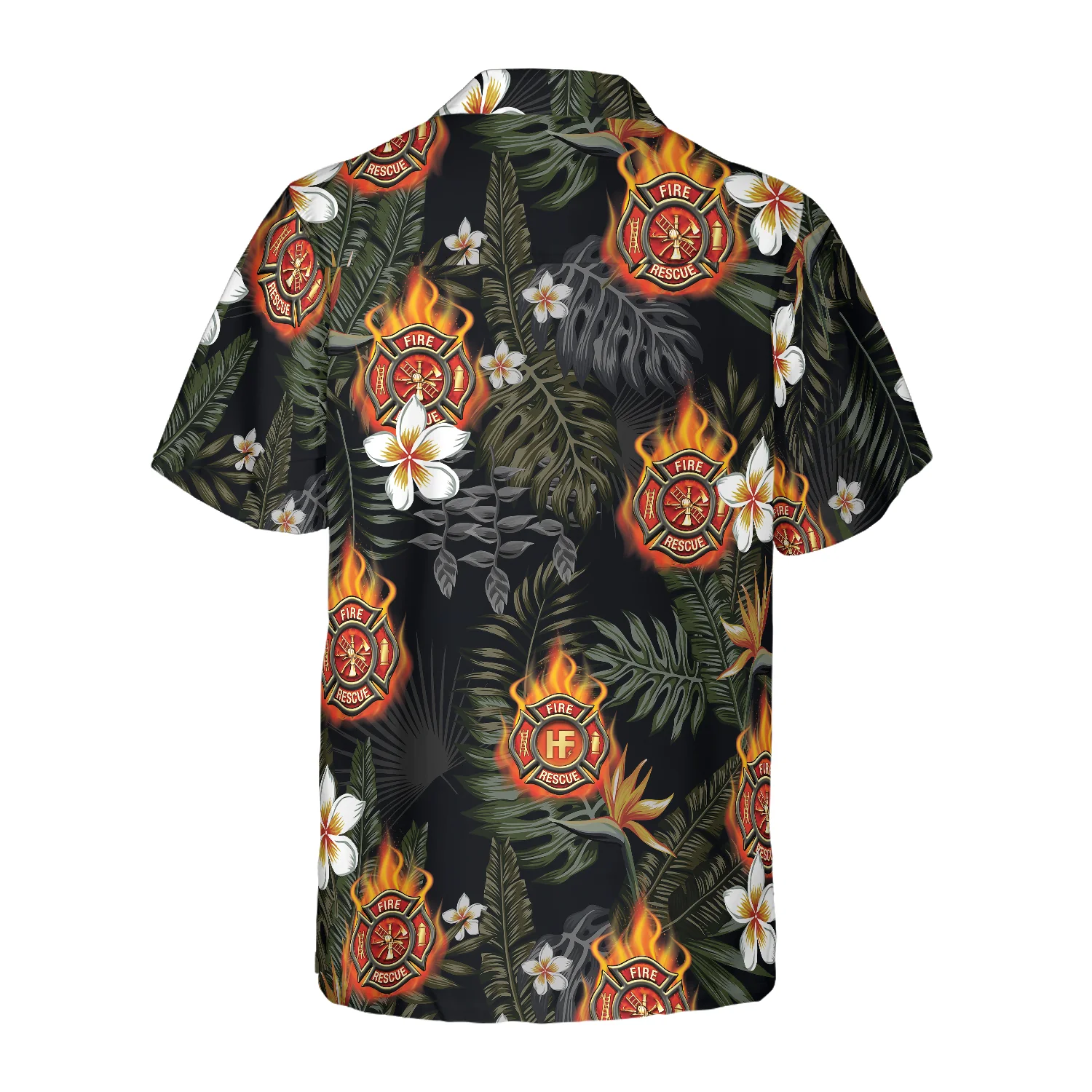 Firefighter Logo On Flame And Black Tropical Seamless Firefighter Hawaiian Shirt Floral Firefighter Shirt Aloha Shirt For Men and Women