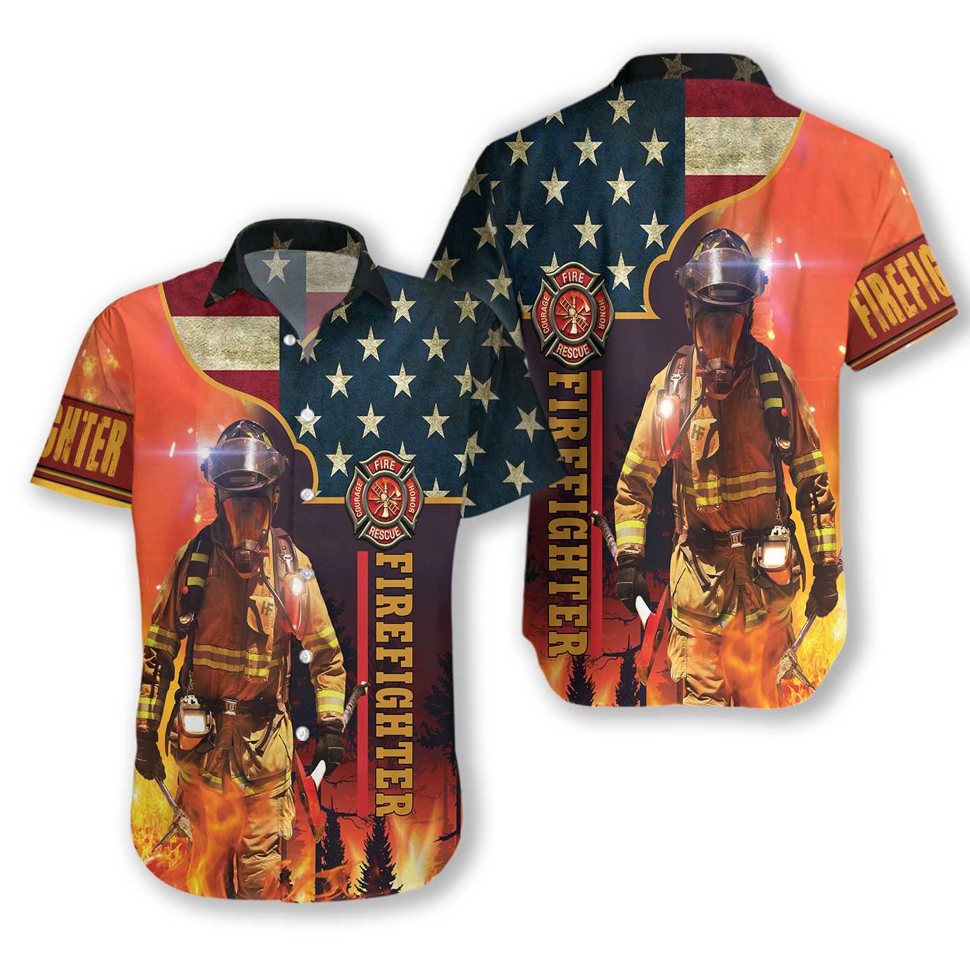 Firefighter With American Flag Hawaiian Shirt Fire Rescue Firefighter On Duty Hawaiian Shirt Aloha Shirt For Men and Women