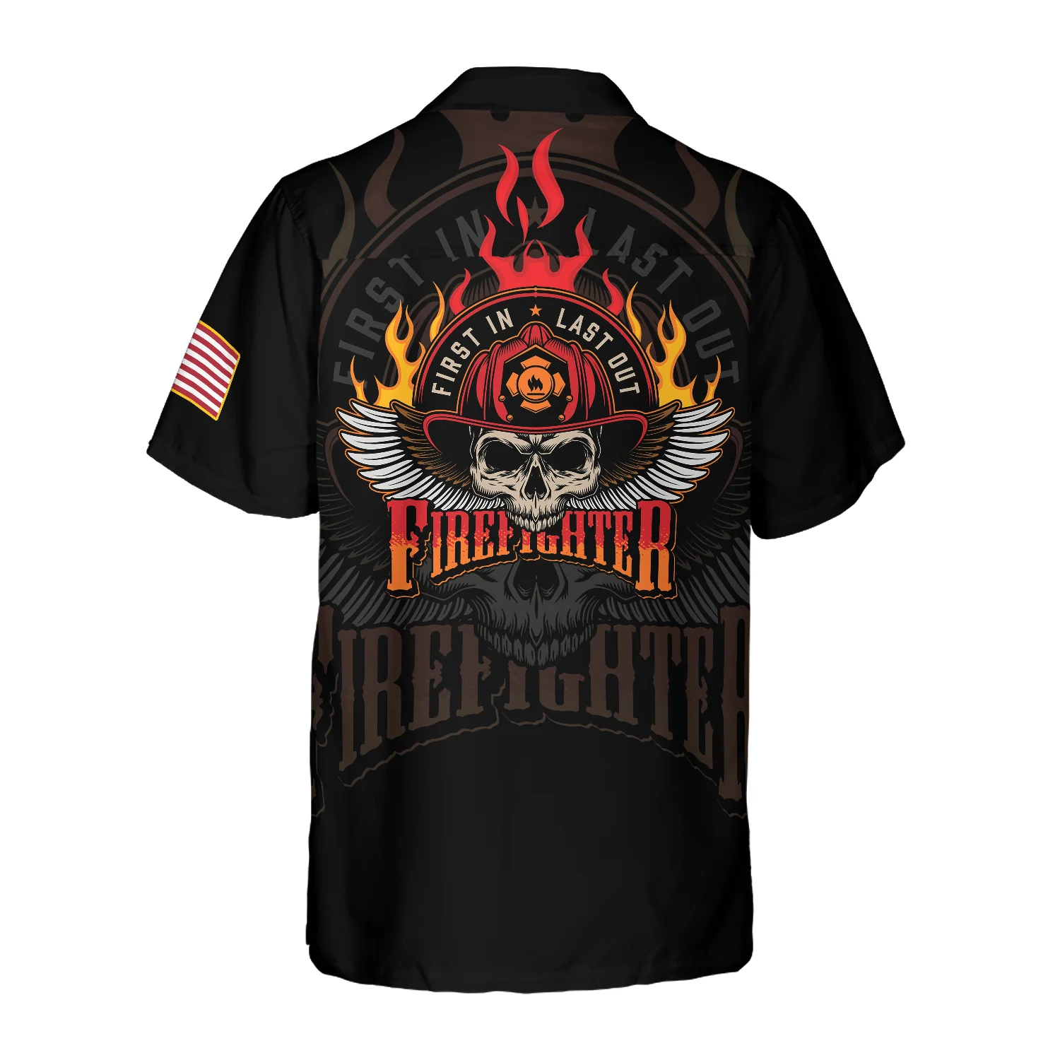 Firefighter Skull Flame Black American Flag Hawaiian Shirt First In Last Out Firefighter Hawaiian Shirt Aloha Shirt For Men and Women