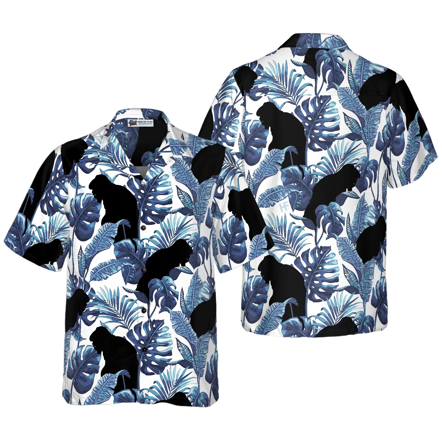 Bigfoot  The Blue Leaves Bigfoot Hawaiian Shirt White And Navy Blue Tropical Floral Bigfoot Shirt Aloha Shirt For Men and Women