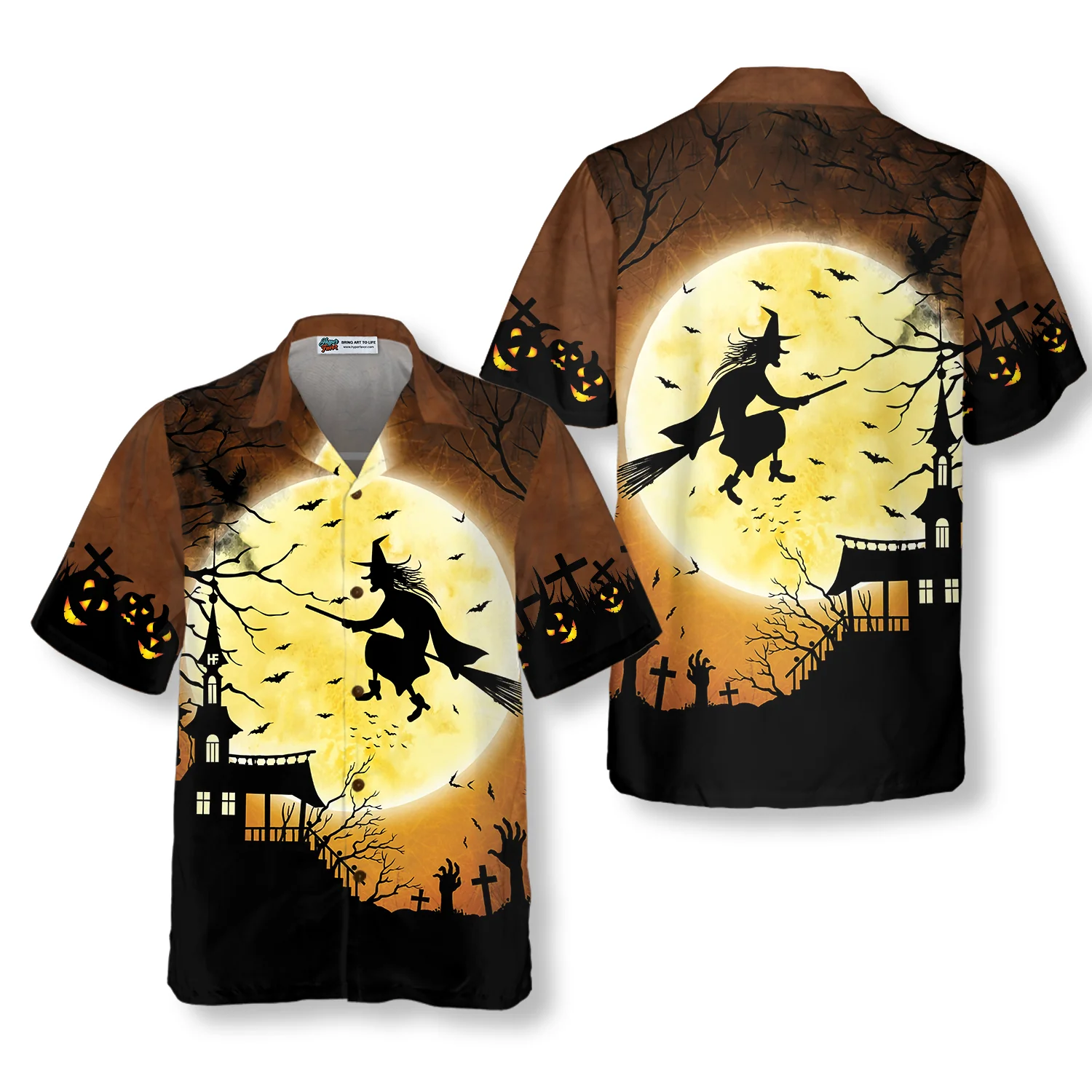 Halloween Night Flying Witch Over A Castle Hawaiian Shirt Full Moon Pumpkin Graveyard Zombie Hawaiian Shirt Aloha Shirt For Men and Women