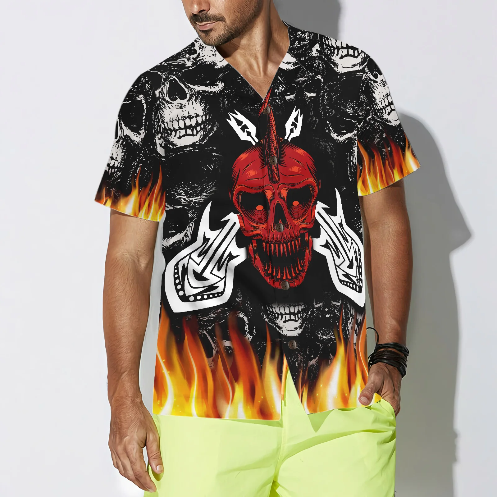 Punk Rock Never Dies Gothic Hawaiian Shirt Flame Electric Guitar Crossbones And Skull Hawaiian Shirt Aloha Shirt For Men and Women