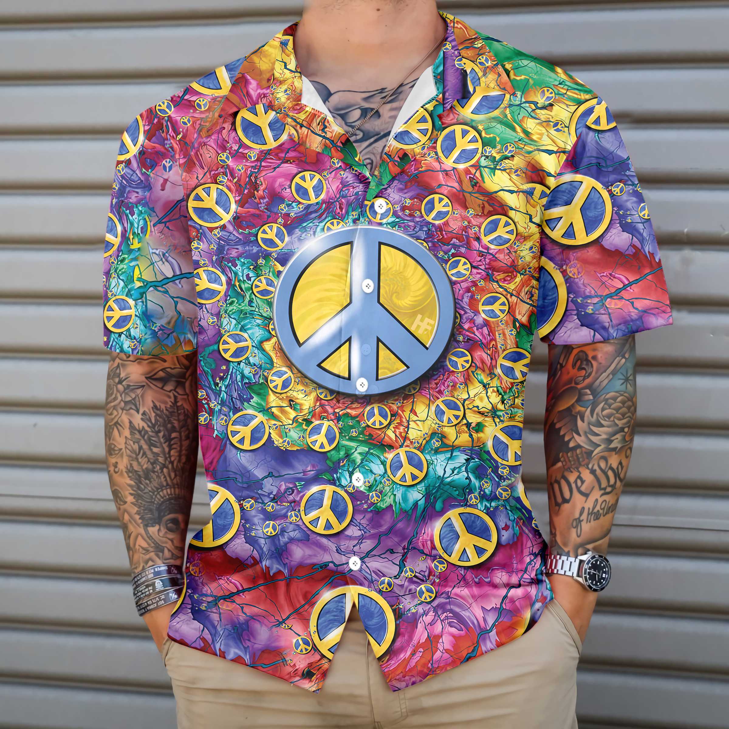 Hippie Peace Sign Hawaiian Shirt Colorful Hippie Sign Shirt Best Hippie Gift Ideas Aloha Shirt For Men and Women