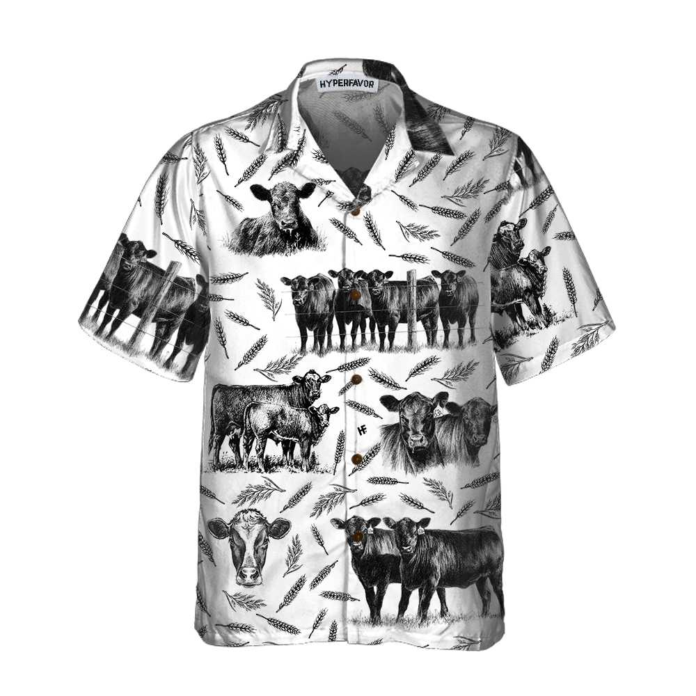 Monochrome Black Angus And Wheat Pattern Cow Hawaiian Shirt Funny Hawaiian Shirt With Cows Aloha Shirt For Men and Women