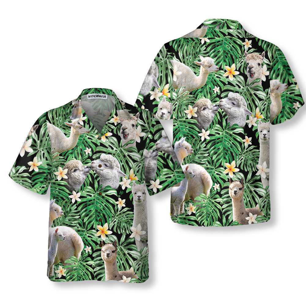 Tropical Alpaca Pattern Hawaiian Shirt Funny Alpaca Print Shirt  Women Aloha Shirt For Men and Women