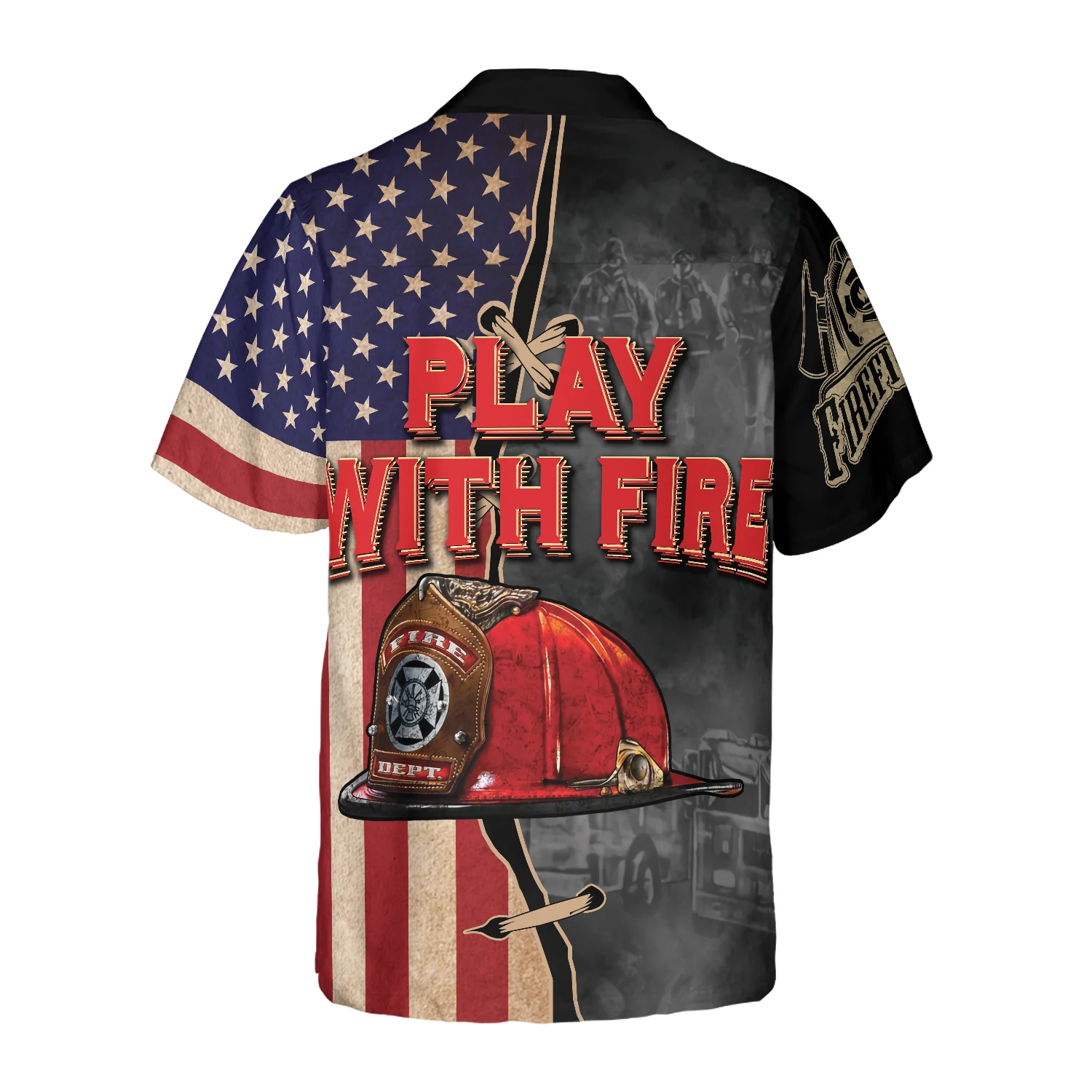 Play With Fire Firefighter Helmet American Flag Hawaiian Shirt Black And White Fire Truck Firefighter Hawaiian Shirt Aloha Shirt For Men and Women